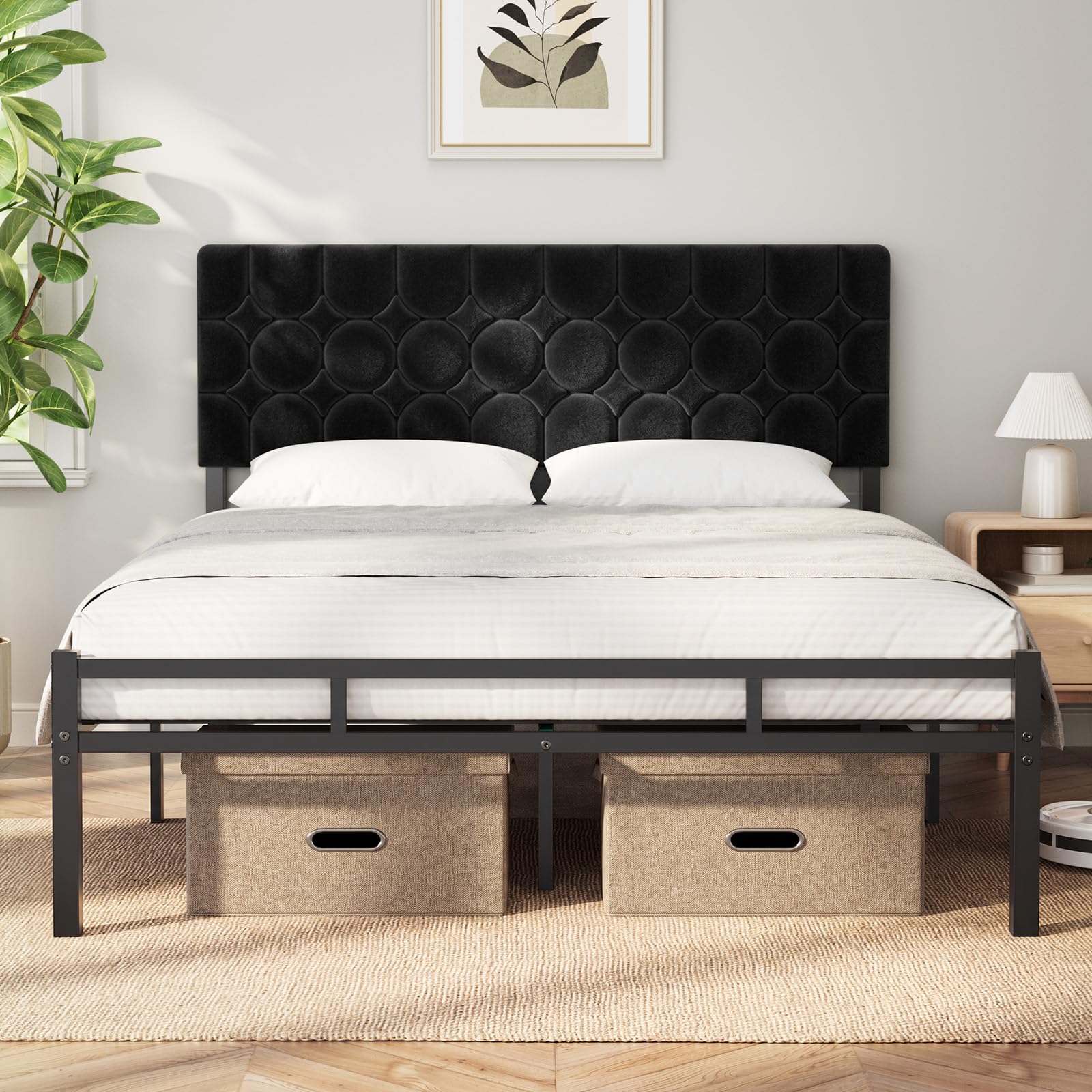 KUTAS 5ft King Size Bed Frame, 150 x 200 cm, with Adjustable Headboard, Upholstered Velvet Bed, Heavy Duty Metal Bed Frame with Storage, Noise Free, Easy Assembly, 500kg Capacity, Modern Black
