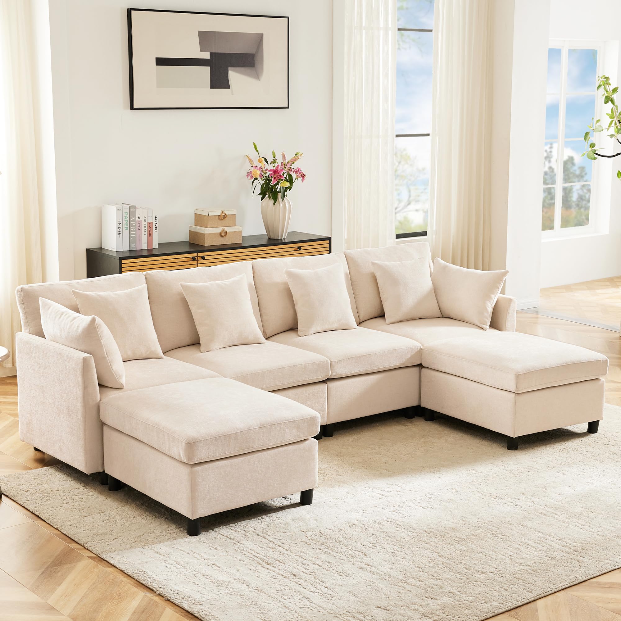Sofa de Salon Modular con 2 Taburetes y 6 Cojines, Sofas de Salon Sofa para 4-6 Personas, Sofá Cama con Respaldo Cómodo, Convertible en Forma de U o de L, Chenilla, 278x161x81 cm, Beige
