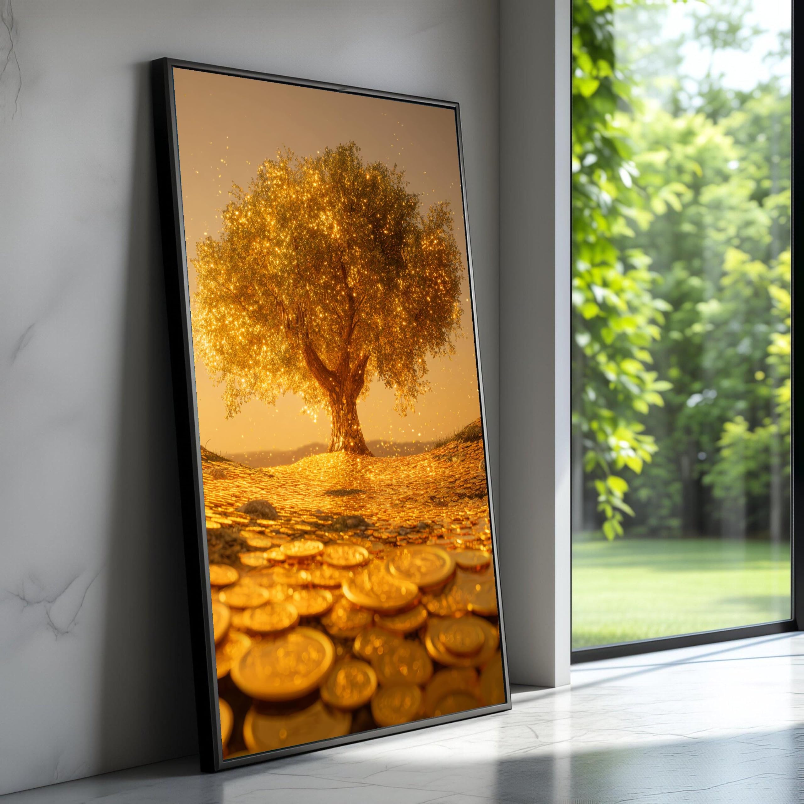 TONGYINLI Golden Money Tree Canvas Wall Art, Coin Tree Landscape Canvas Painting, Home Decor Print Artwork(30x50cm/Frameless)
