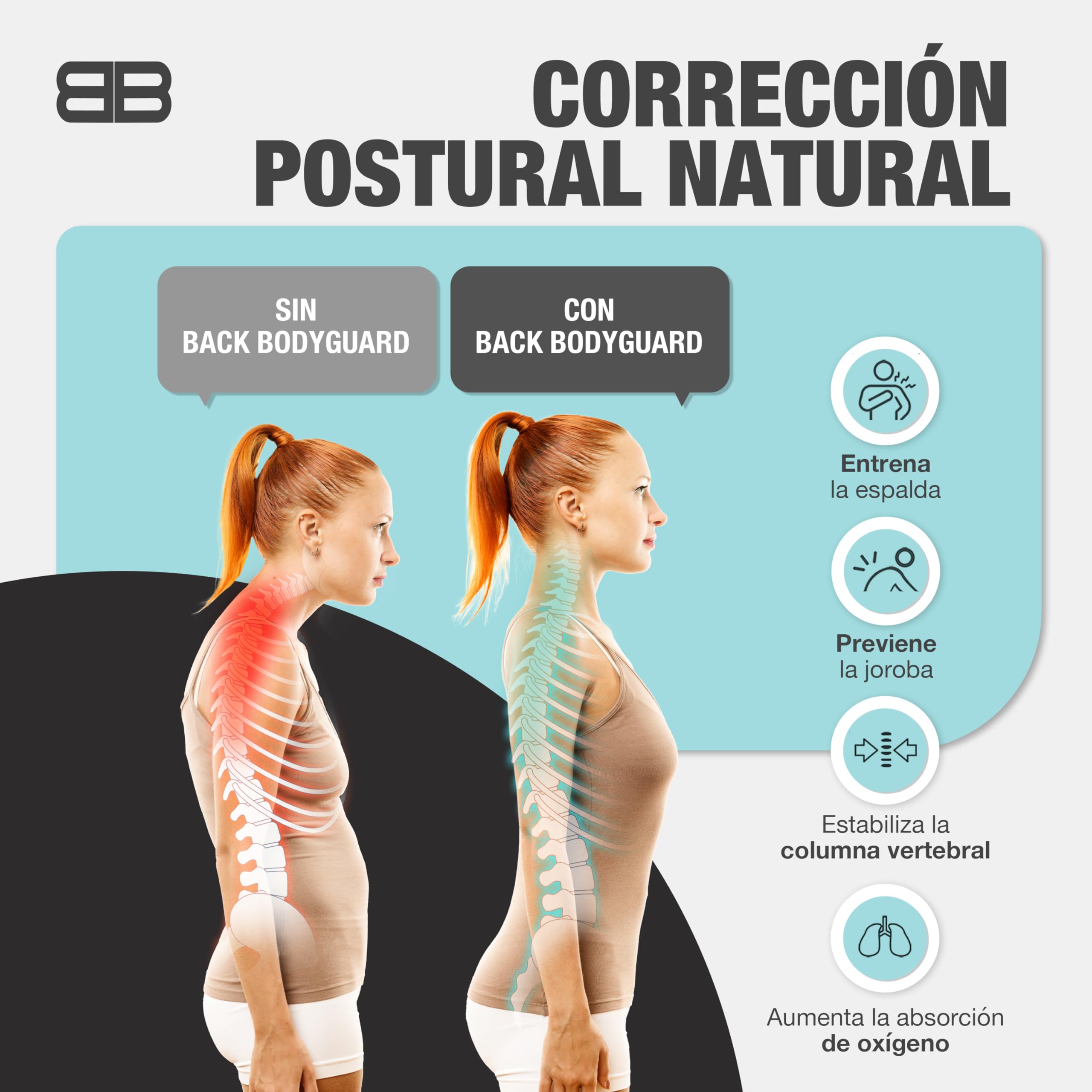 BACK BODYGUARD: arnés ajustable - neopreno transpirable, Negro, L | Negro, talla L, posible intercambio, lavable a máquina