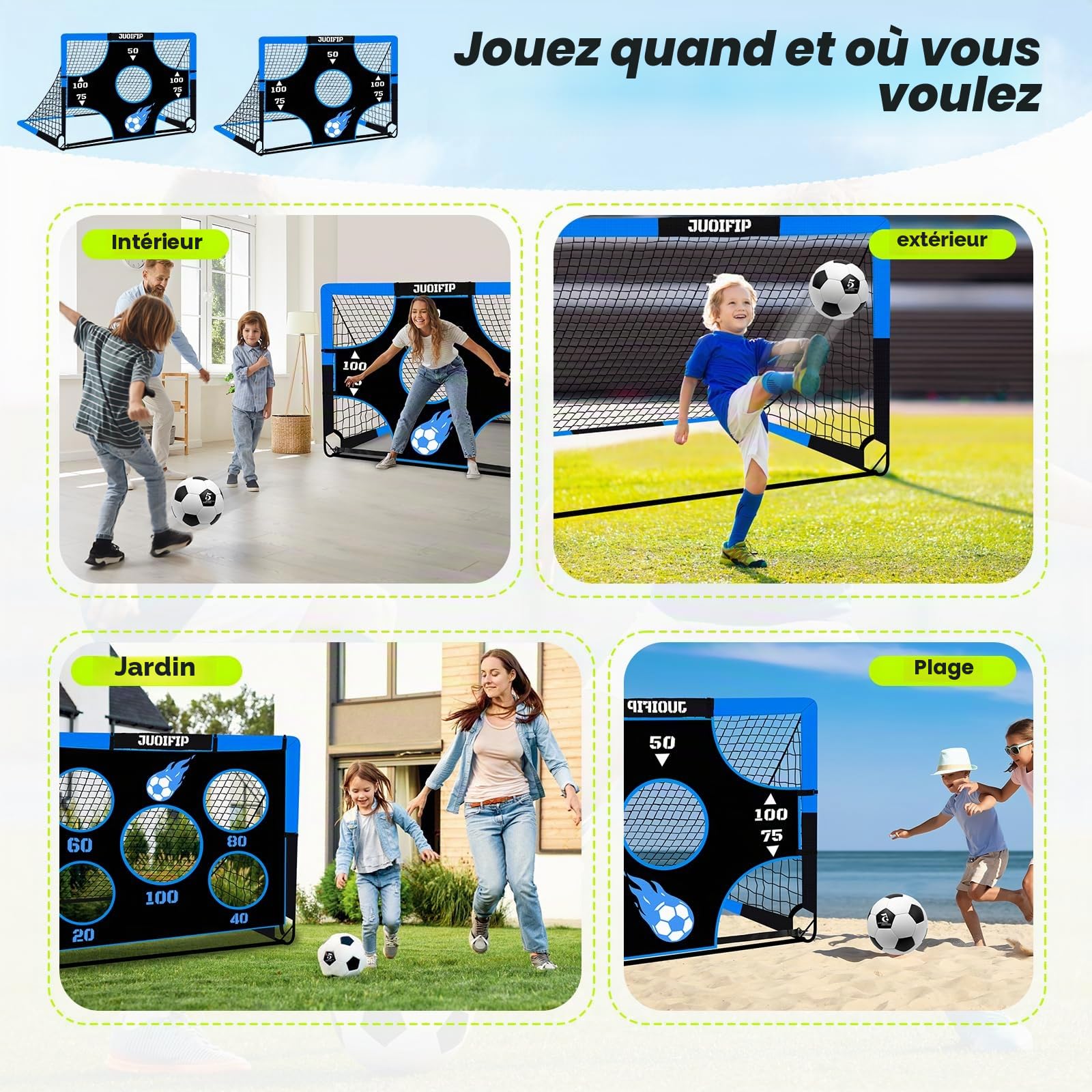 NZQXJXZ But de Football 3-en-1 pour Enfants, Filet de Football 150 x 120 cm, poteaux de But pour Jardin avec 2 Tissus interchangeables et Un Ballon, Sac de Transport, Montage Facile et Pliable adapté