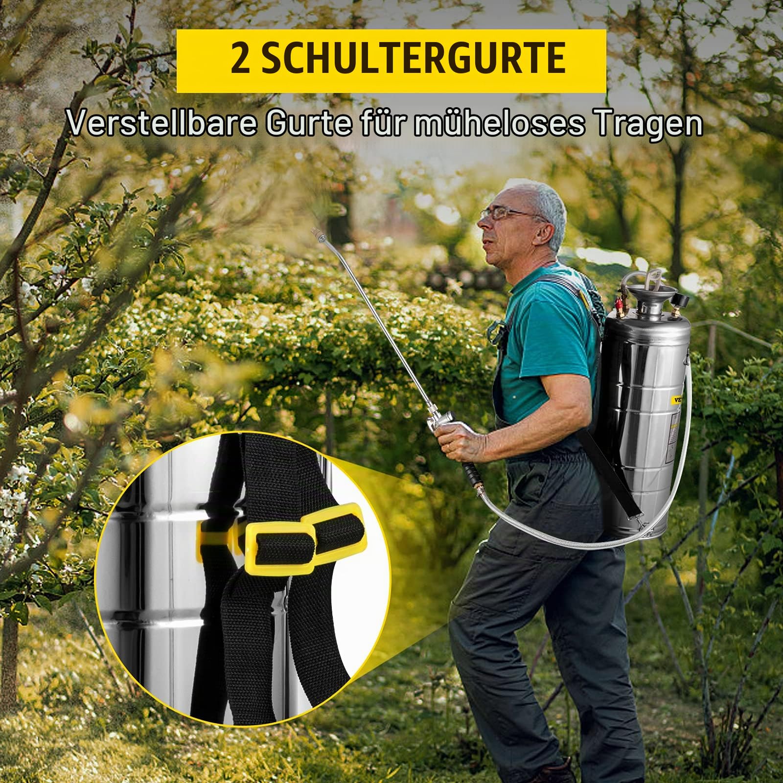 Vevor 12 l Drucksprüher, Edelstahl, Garten, Zerstäuber, für Pflanzen, für Gartenarbeit und Reinigung am Boden, geeignet für die heutigen Anforderungen in Industrie, Landwirtschaft, Handel, Medizin