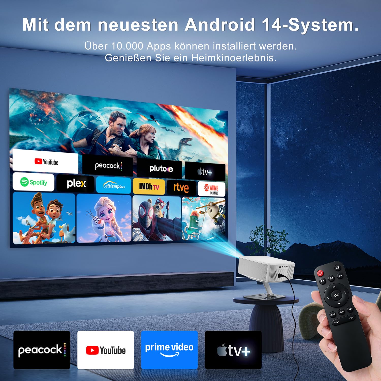 Proiettore Salange supporto 4K [1080P nativo | App integrata | Android 14],proiettore intelligente WiFi6 Bluetooth 5.4,portatile fuoco elettronica e correzione automatica,home theater rotazione 180°
