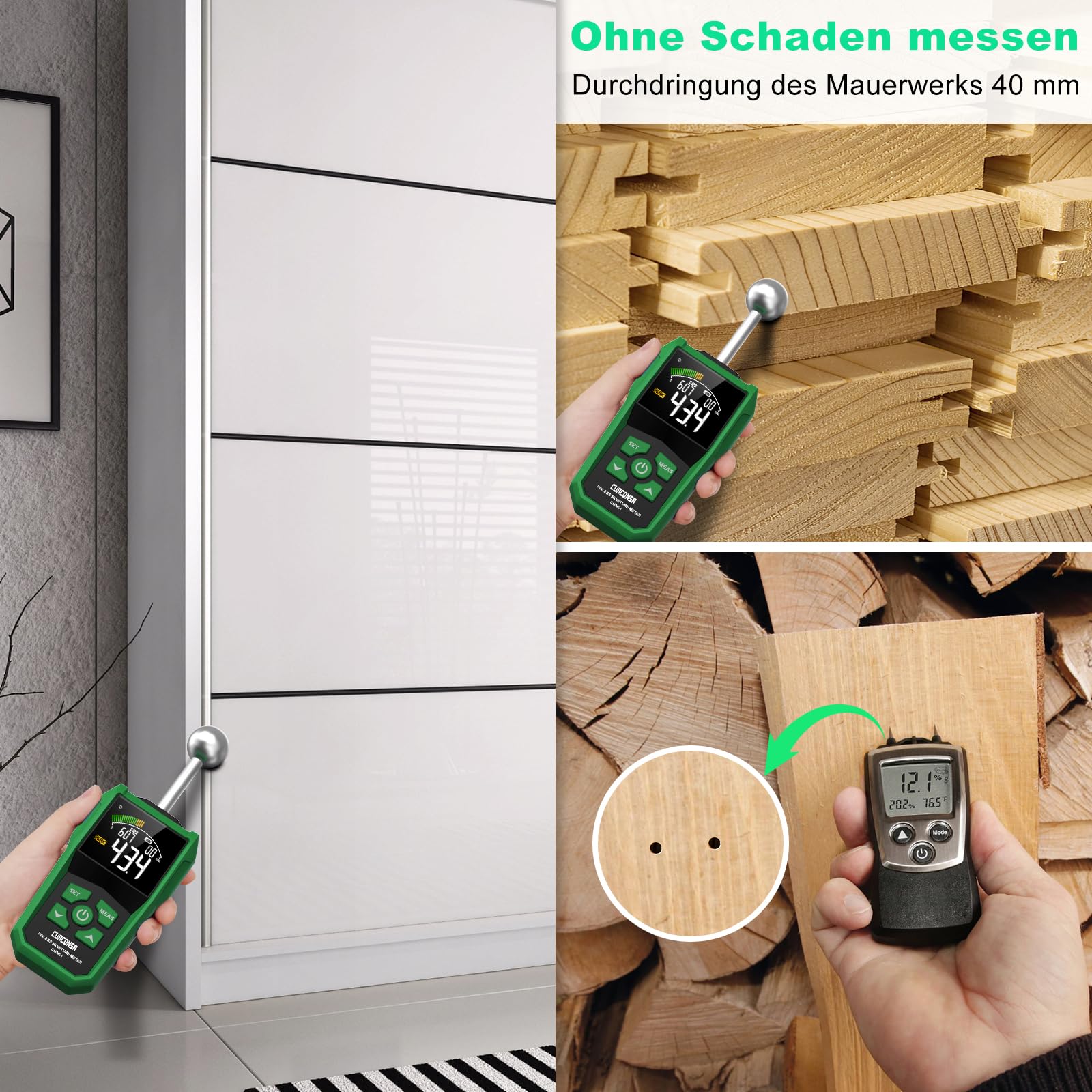 CURCONSA Feuchtigkeitsmessgerät Mit Farb-LCD & Alarm – Kapazitive Messtechnik, 5–40 Mm Tiefe – Für Holz, Wände