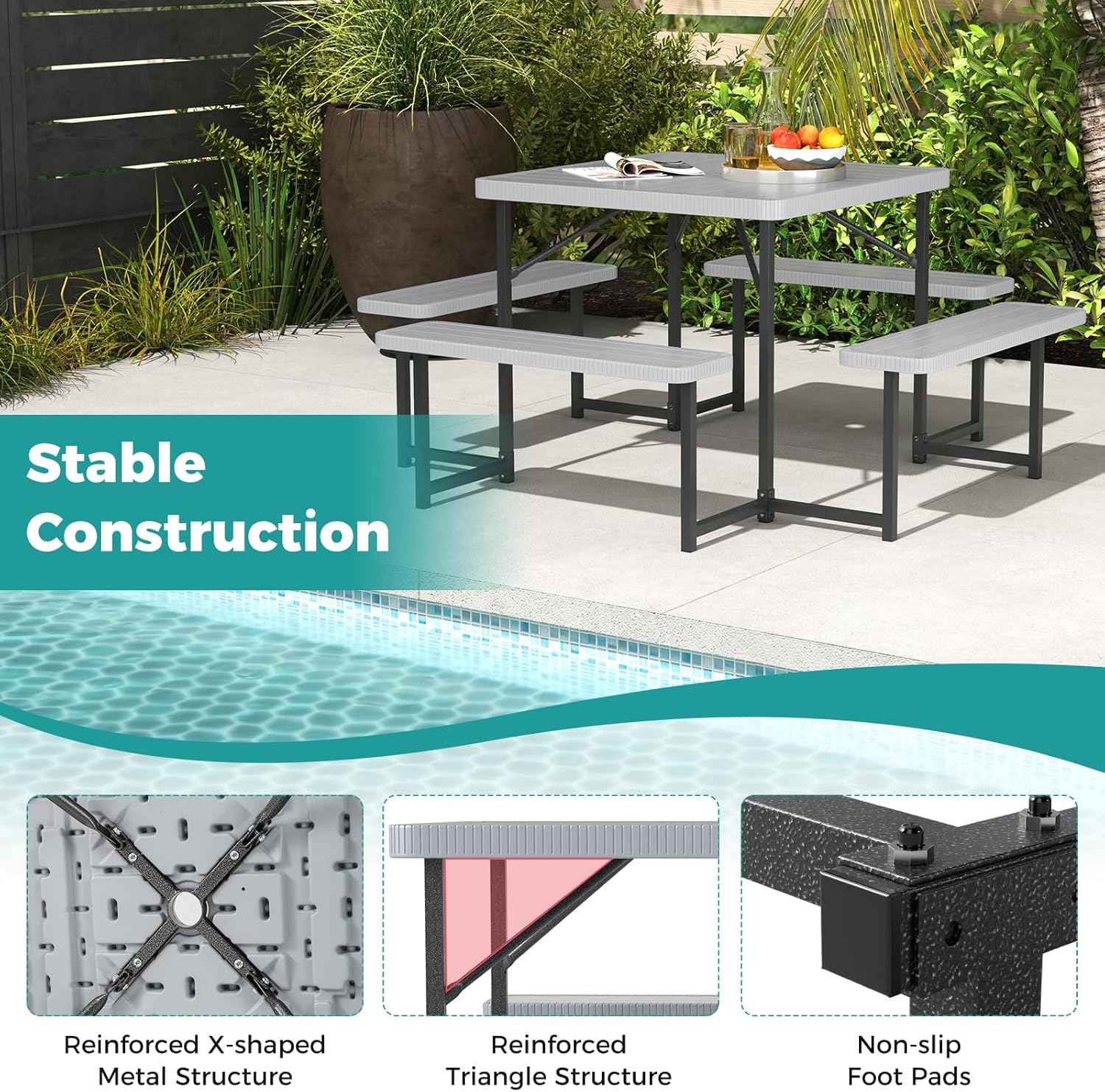 Byroce Outdoor Picnic Table for 4-8 Person, HDPE Picnic Camping Table Set with 4 Benches, Umbrella Hole & Metal Frame, Heavy Duty Square Dining Table Chairs for BBQ in Patio, Yard & Poolside (Gray)
