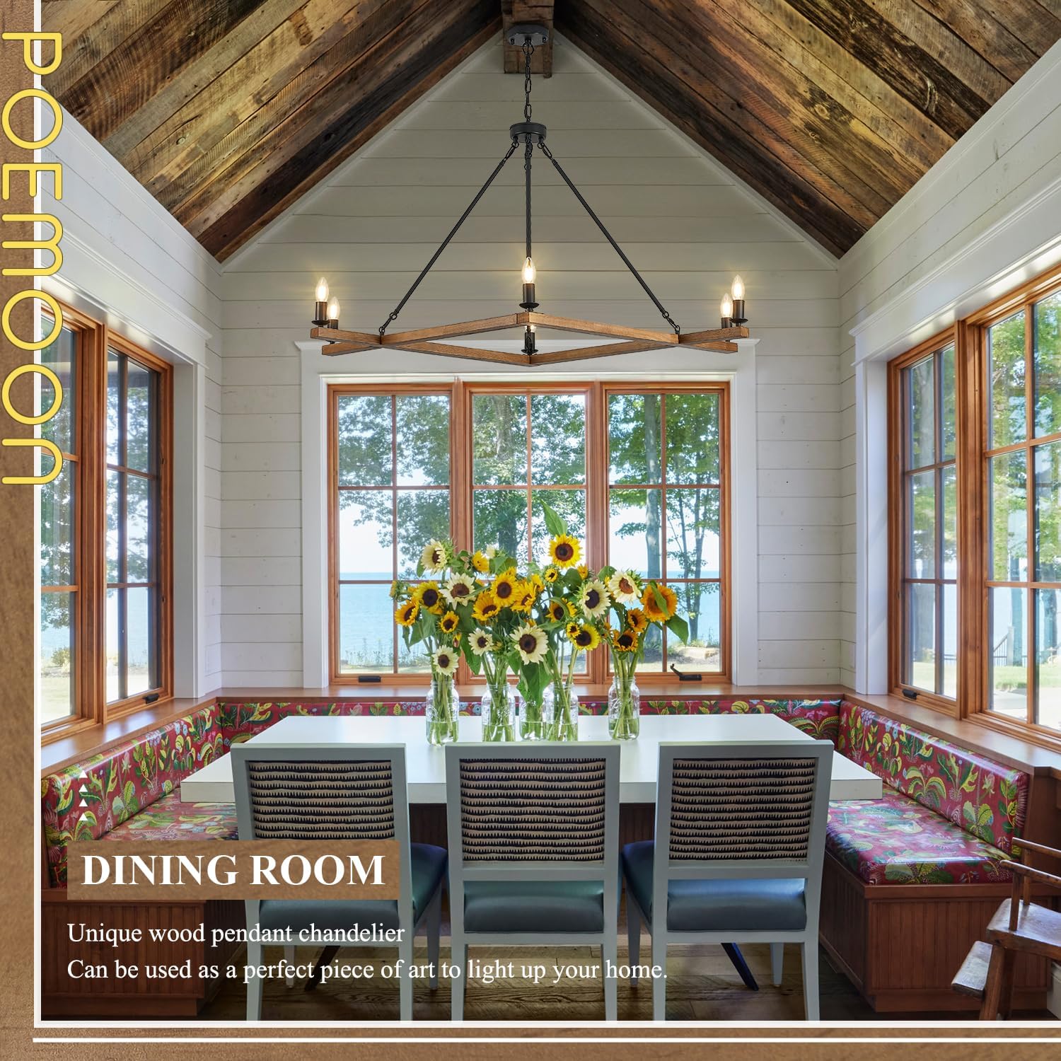 L45'' Rustic Oak Square Wood Chandeliers Farmhouse 6-Light Rectangular Candle Chandelier Unique Long Ceiling Pendant Light for High Ceiling Living Dining Room Foyer Kitchen Island,E12