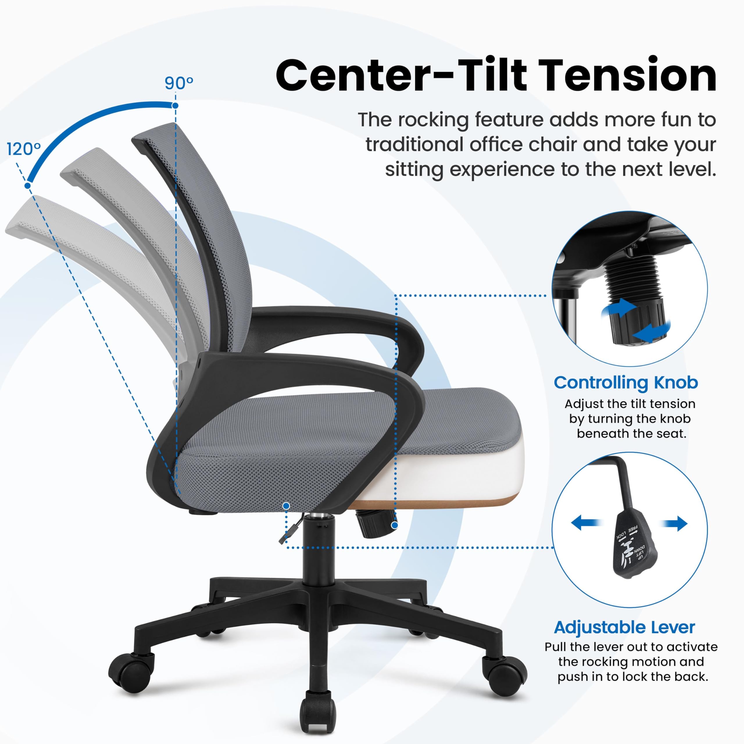 Yaheetech Chaise de Bureau Ergonomique à Hauteur Réglable Gris Foncé | Fauteuil de Bureau en Maille, Soutien Lombaire Intégré, Roulettes Pivotantes, Charge 136kg pour Chambre Bureau Studio