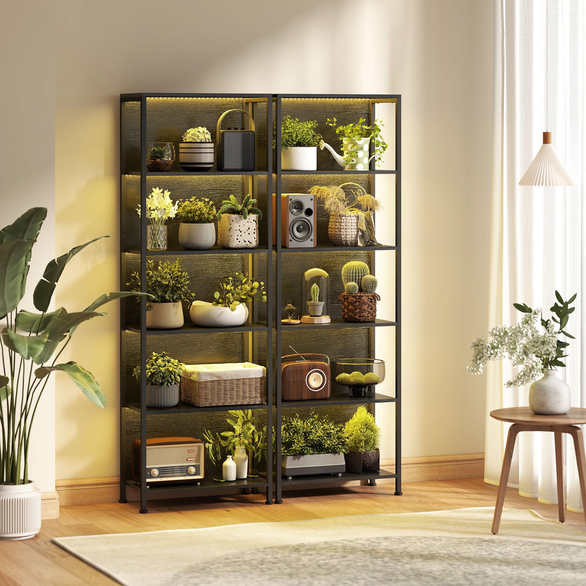HOMCOM Bibliothèque à 5 Niveaux avec éclairage LED 7 Couleurs, étagère de Rangement, Structure en Acier, Style Industriel, Meuble de Rangement pour Salon, Bureau, Chambre, 60 x 30 x 179 cm, Noir