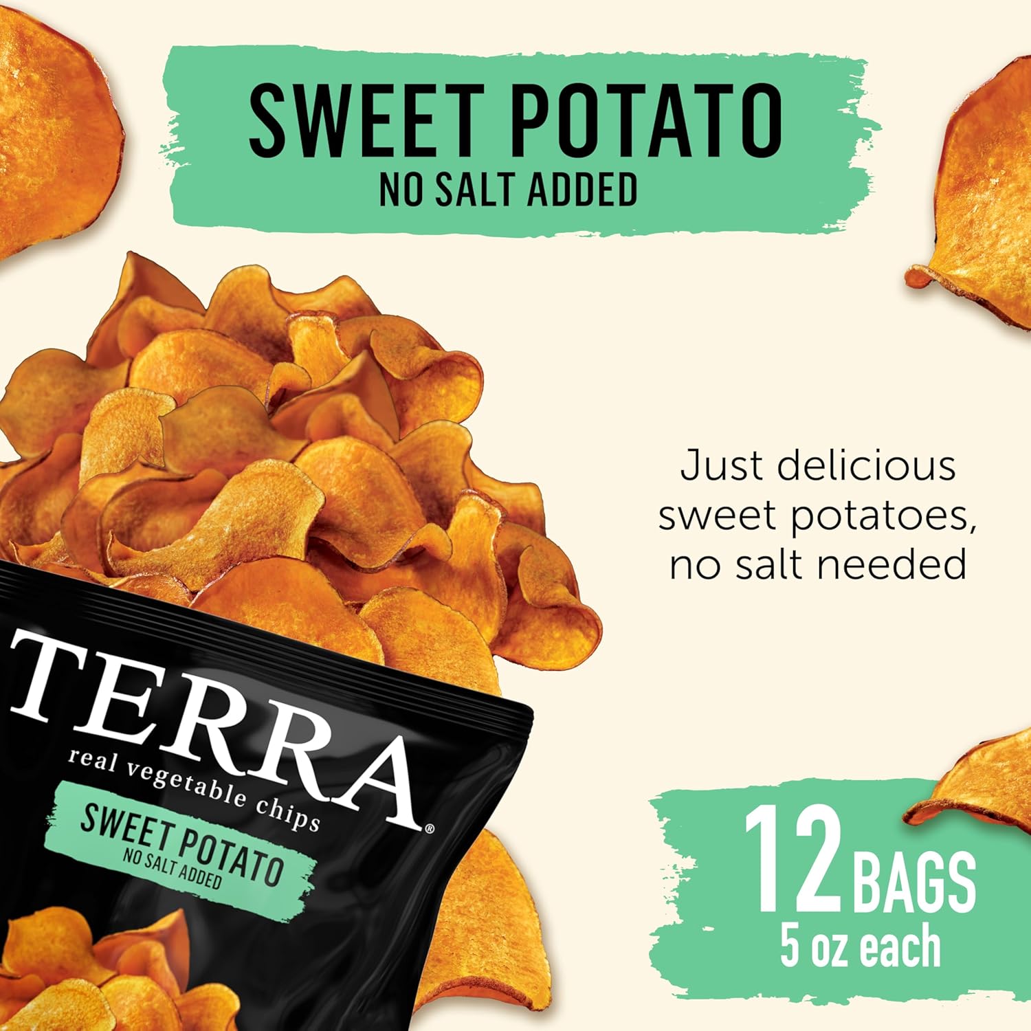 Terra Vegetable Chips, Sweet Potato Chips, No Salt Added, 5 Oz (Pack of 12)