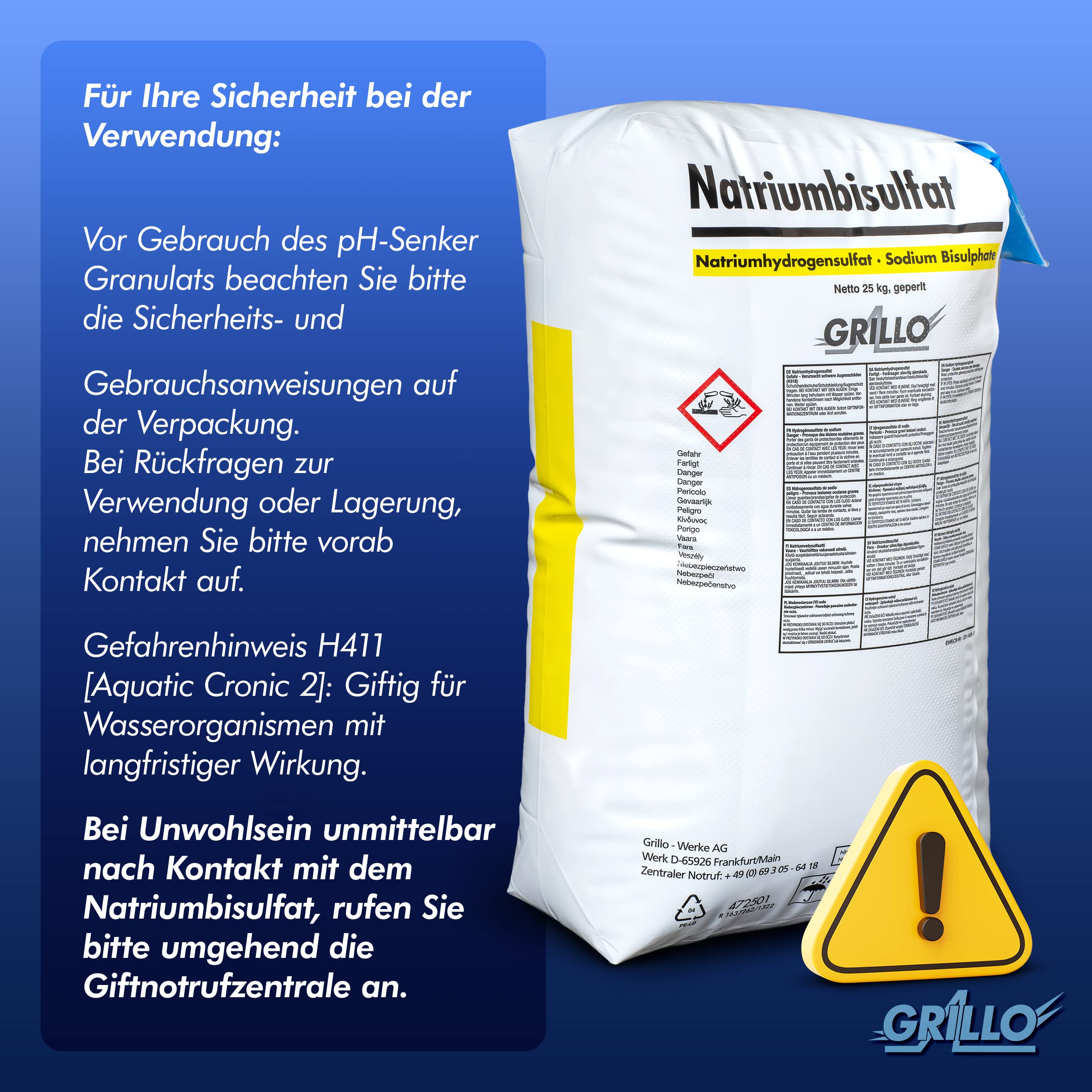 Grillo pH-Minus Granulat, pH-Senker zur Pool-Wasser-Pflege, leicht löslich, effektive pH-Senkung - 25kg