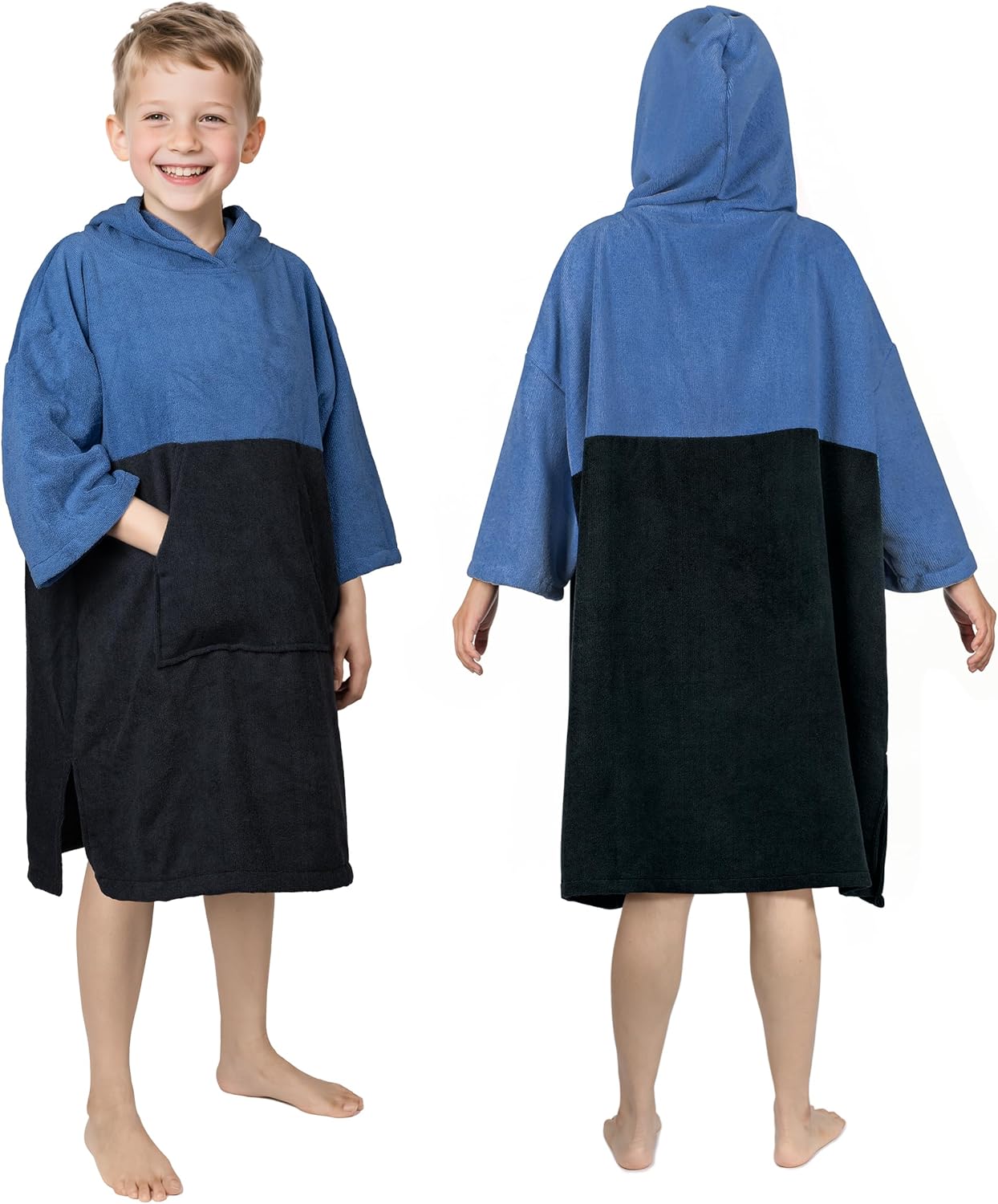 ( teal color ) Hooded Beach Towels for Kids Surf Poncho Swim Robe for 6-13 Years, 3/4 Sleeve Big Kids Hooded Bath Towels Thick Changing Robe Girls Boys,