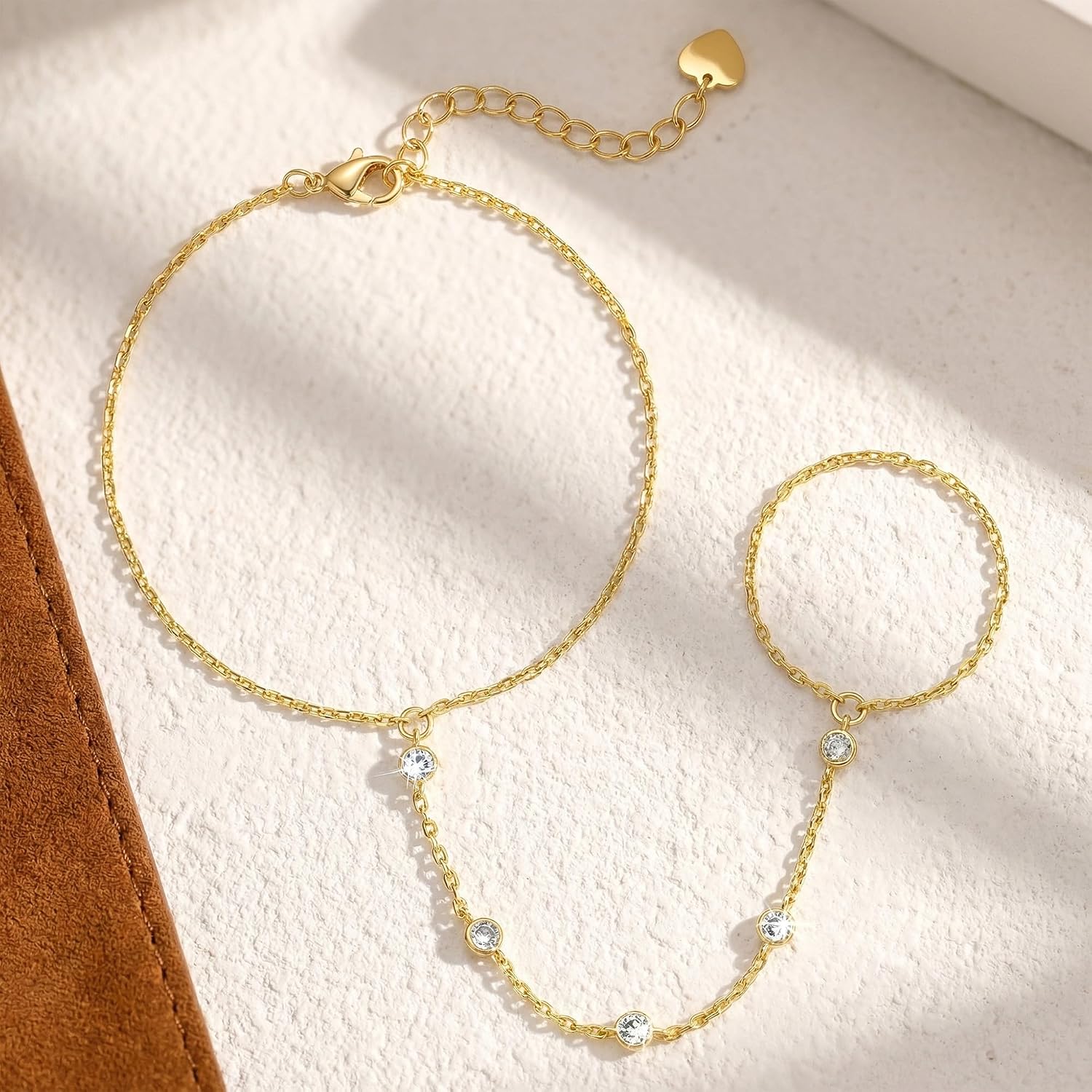 14K Gold Bracelets for Women Trendy Gold Hand Chain Bracelet Womens Bracelets Unique Hand Chain with Finger Loop with Cubic Zirconia Dainty Golden Bracelet for Women Adjustable
