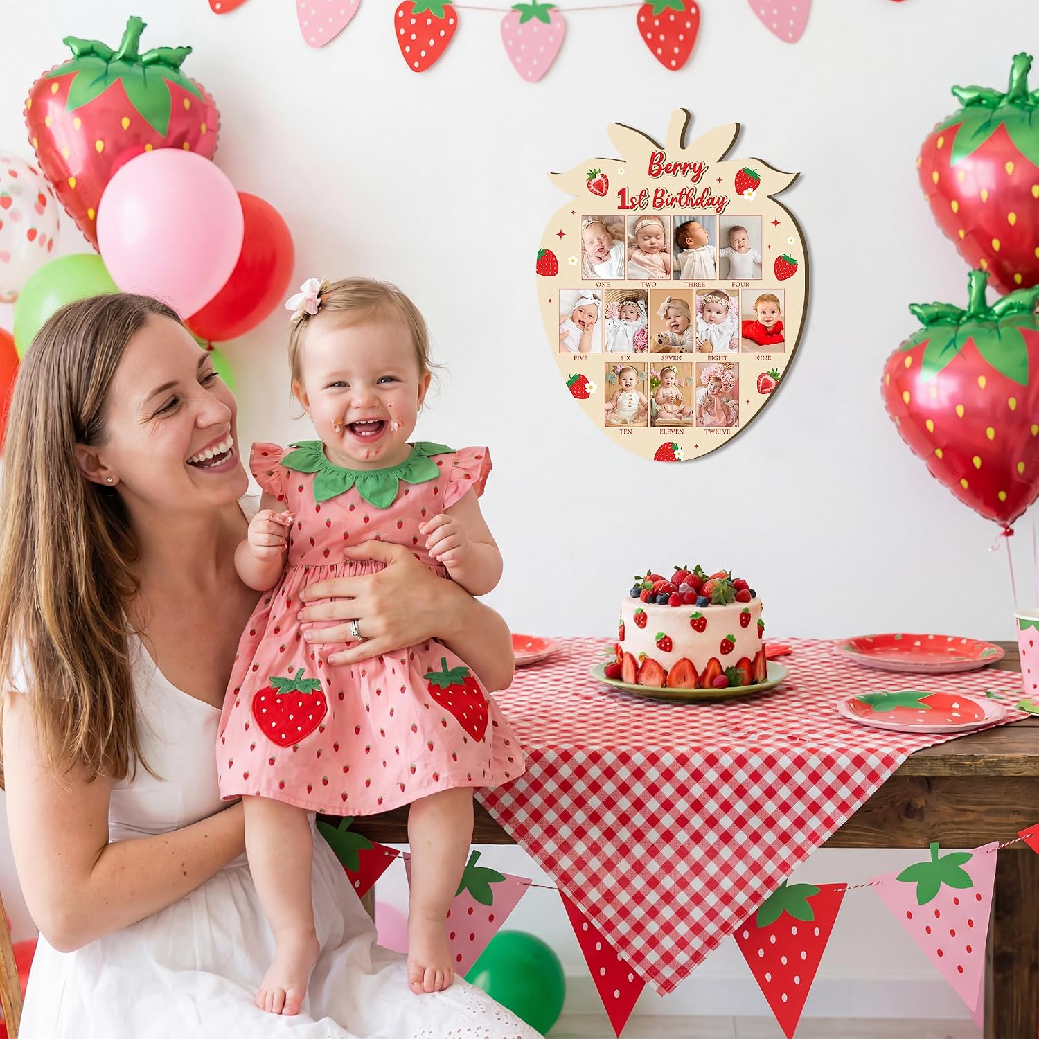 R HORSE 3D Berry Shaped First Birthday Wood Photo Display Board, 2x3in Pic Baby's First Year Picture Frame, 1-12 Months Milestone Board Birthday Decoration Keepsake Gift for Baby Girl Nursery Decor