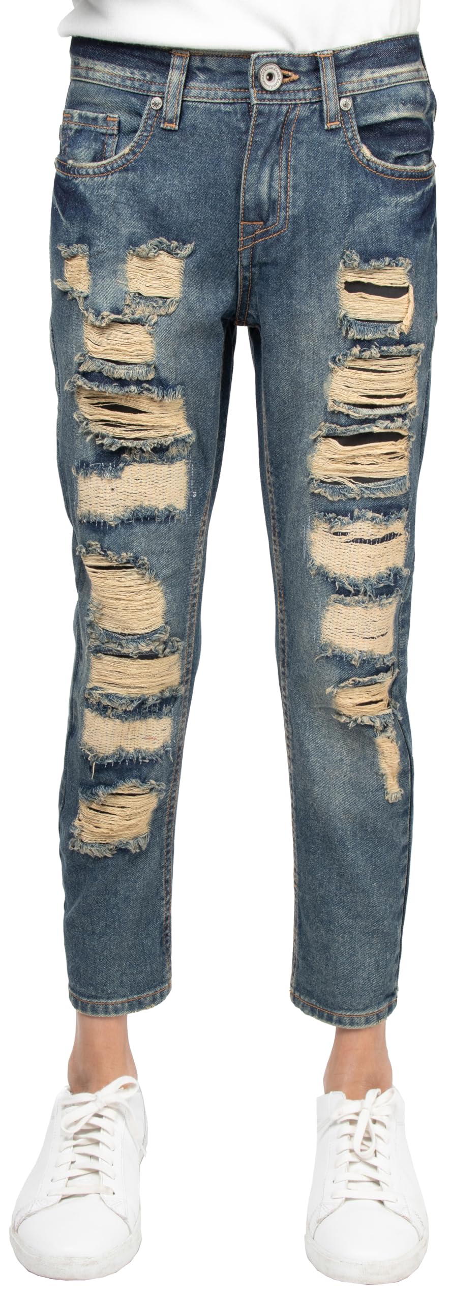 RAW X Boy's Slim Fit Stretch Jeans, Fashion Rips Destroyed Distressed Denim Pants for Boys