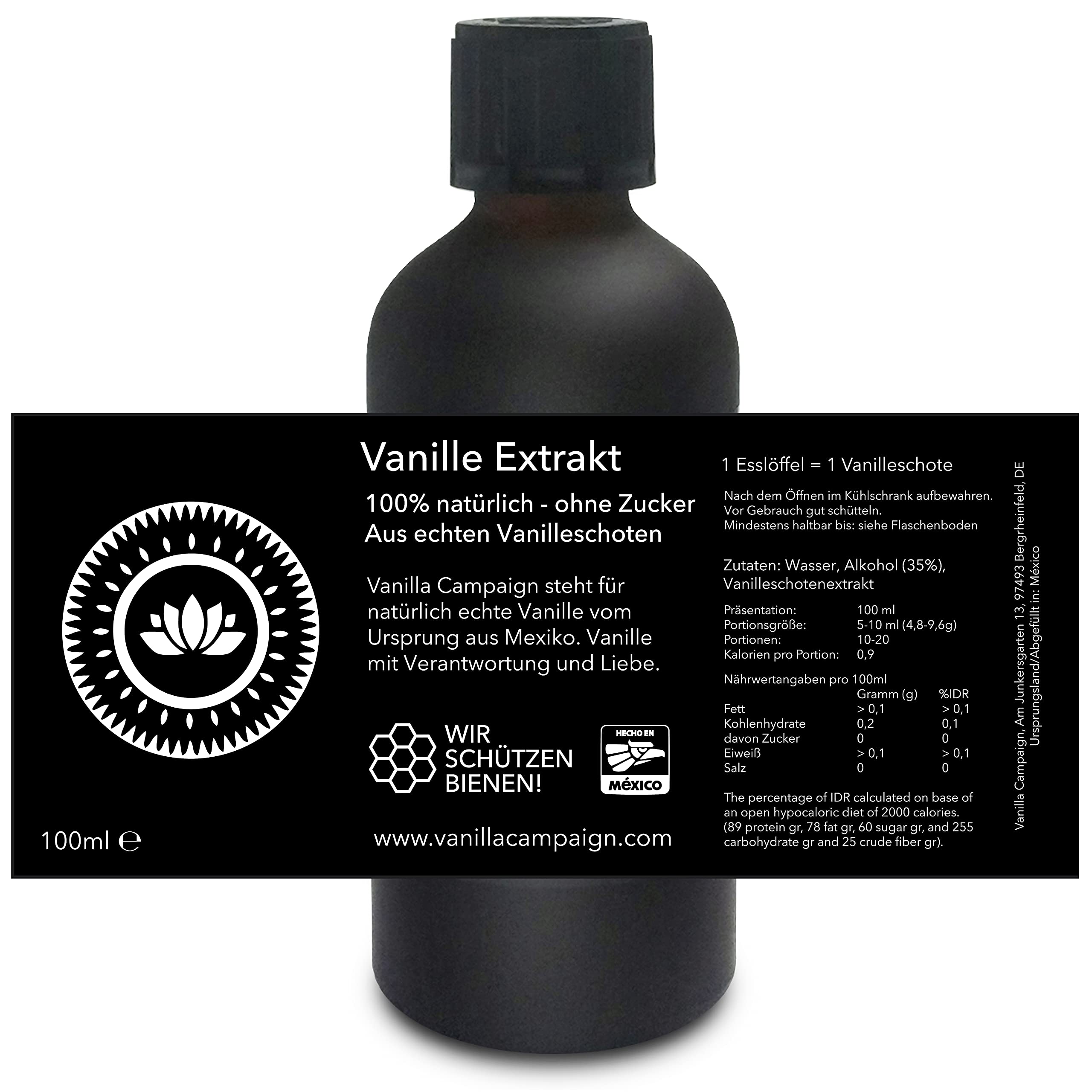 Vanilla Campaign® Premium Vanille Extrakt, Ohne Zucker mit Alkohol, Aus echten Vanilleschoten, naturbelassen, vegan, fairtrade (100ml)