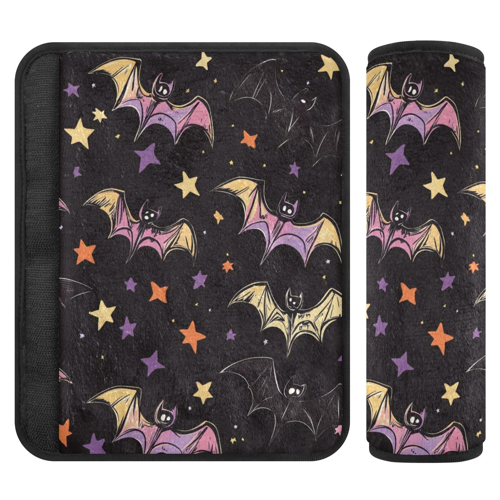 Multicolored Halloween Bats and Stars Seat Belt Cover Pad 2 Pcs Soft Cute Seatbelt Covers Protector Support Head Neck Shoulder Strap for Car Seats High Chair Backpack for Adults Kids Women Men