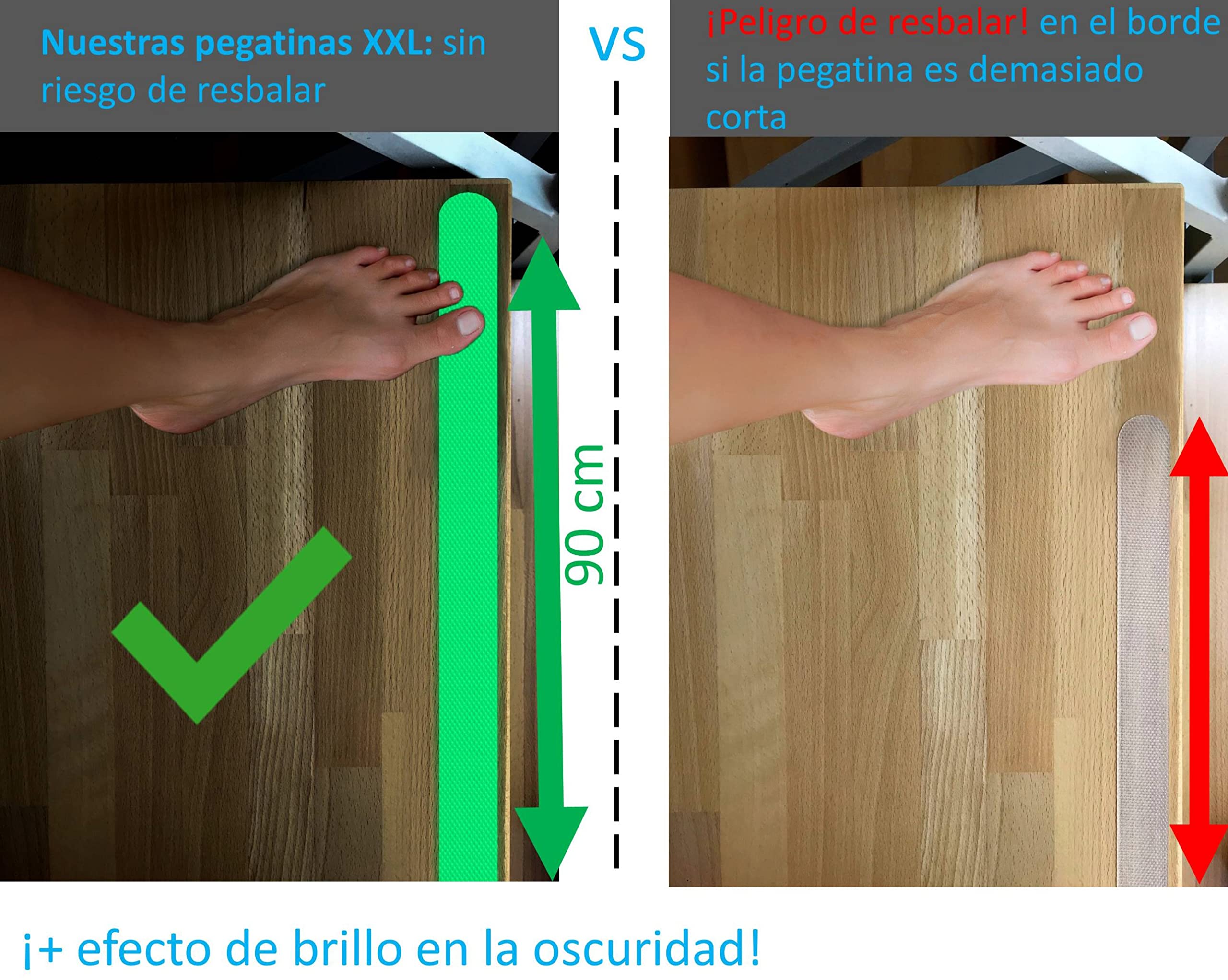 Cinta adhesiva fluorescente antideslizante cocofy para escaleras, Cinta adhesiva fotoluminiscente, XXL (90x3 cm), para peldaños de escaleras de interior - 18-Pack [2021 Lanzamiento]