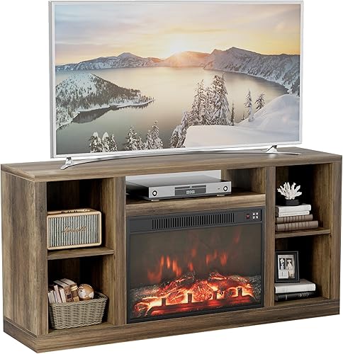 Miniatura 6 de Flamaker Soporte de TV con chimenea eléctrica de 26 pulgadas para TV de 65 pulgadas, moderno soporte de entretenimiento de granja con gabinete de
