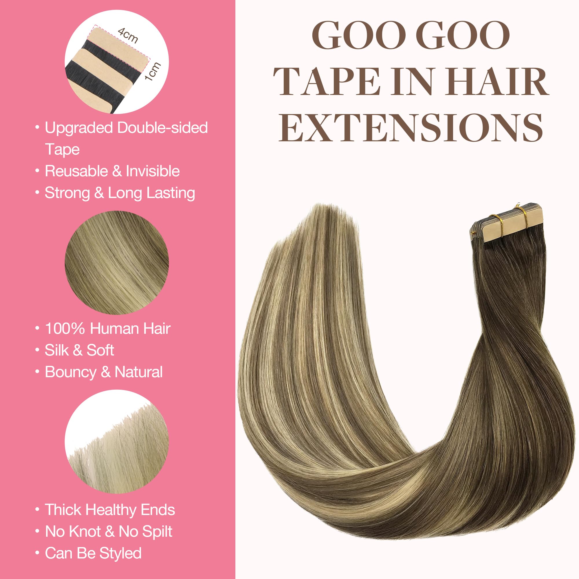 GOO GOO Tape in Hair Extensions human hair, tape Hair Extensions, 22inch 100g 40pcs, Human Hair Extensions, (T3/8)613 Blonde Ombre - Image 2