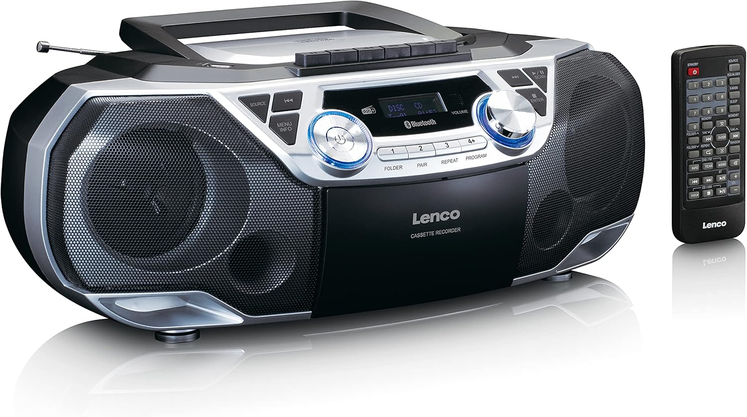Lenco SCD-720 Boombox shown alongside its remote control.