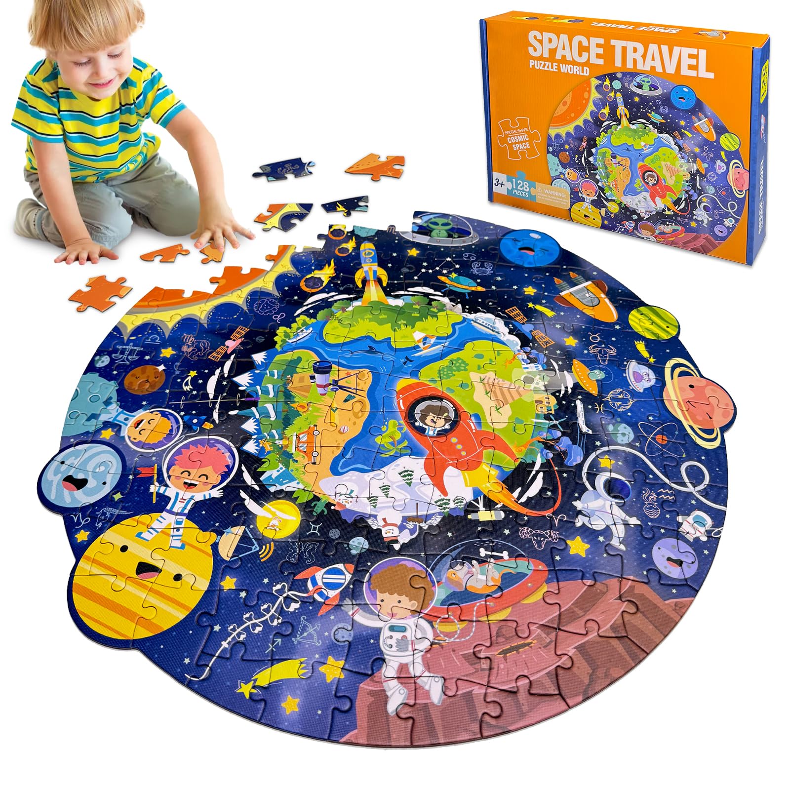 Kulveanju Puzzle Bambini 3 4 5 6 Anni, 128 Pezzi Puzzle da Viaggi Nello Spazio, Grande Circolare Puzzle, Giochi Creativi Puzzle Regalo per Ragazzi e Ragazze 3-7 Anni, 44x45 cm