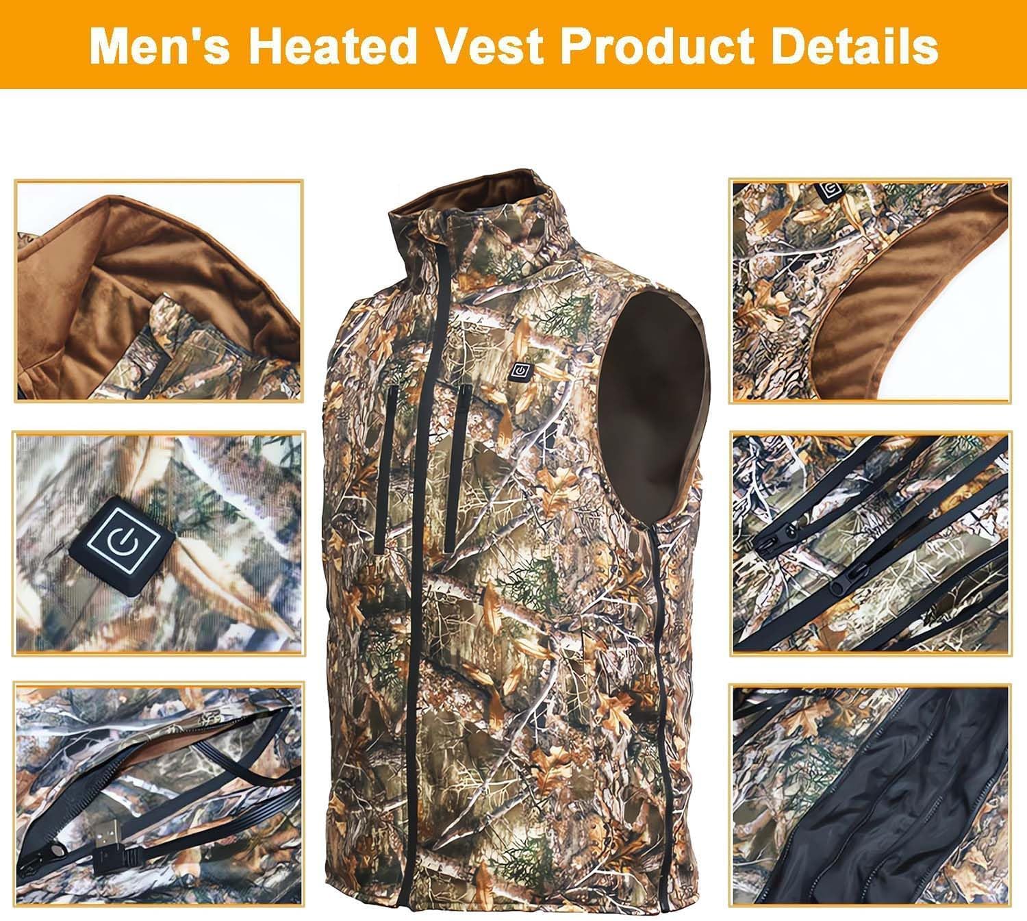 Gilet Chauffant de Chasse Homme, Hiver Gilet de Chasse Camouflage, avec 3 Niveaux de Chaleur, 5 Zones Chaleur, Camo Gilet Polaire pour La Chasse, Peche (Pas de Batterie)