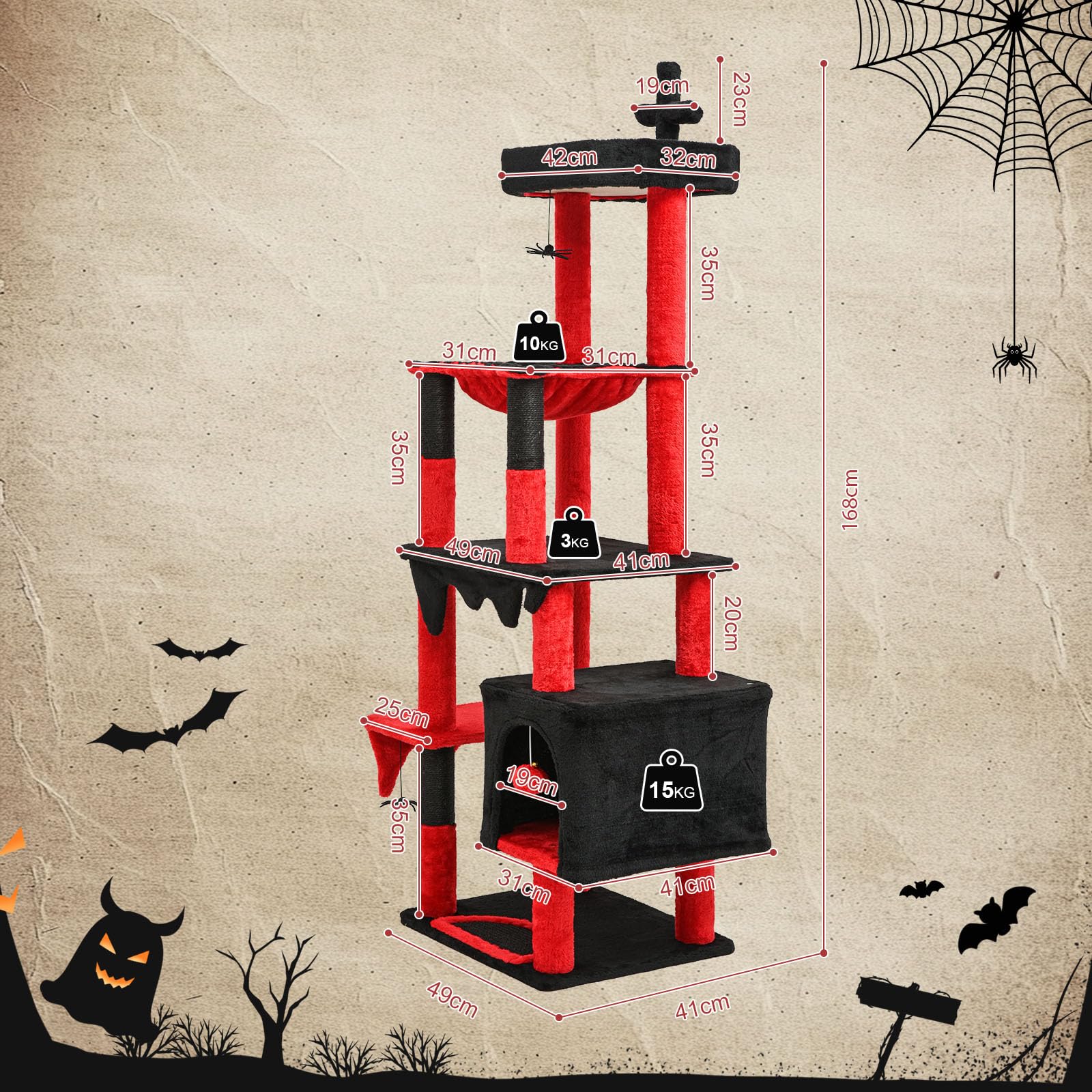 BYBYME Gotische kattenboom voor Halloween, 168 cm hoog, stevige meubelset met bedhuis, hangend speelgoed, krabplank met sisal-bedekte palen, multifunctionele kattenspeeltoren met hangmat (zwart rood