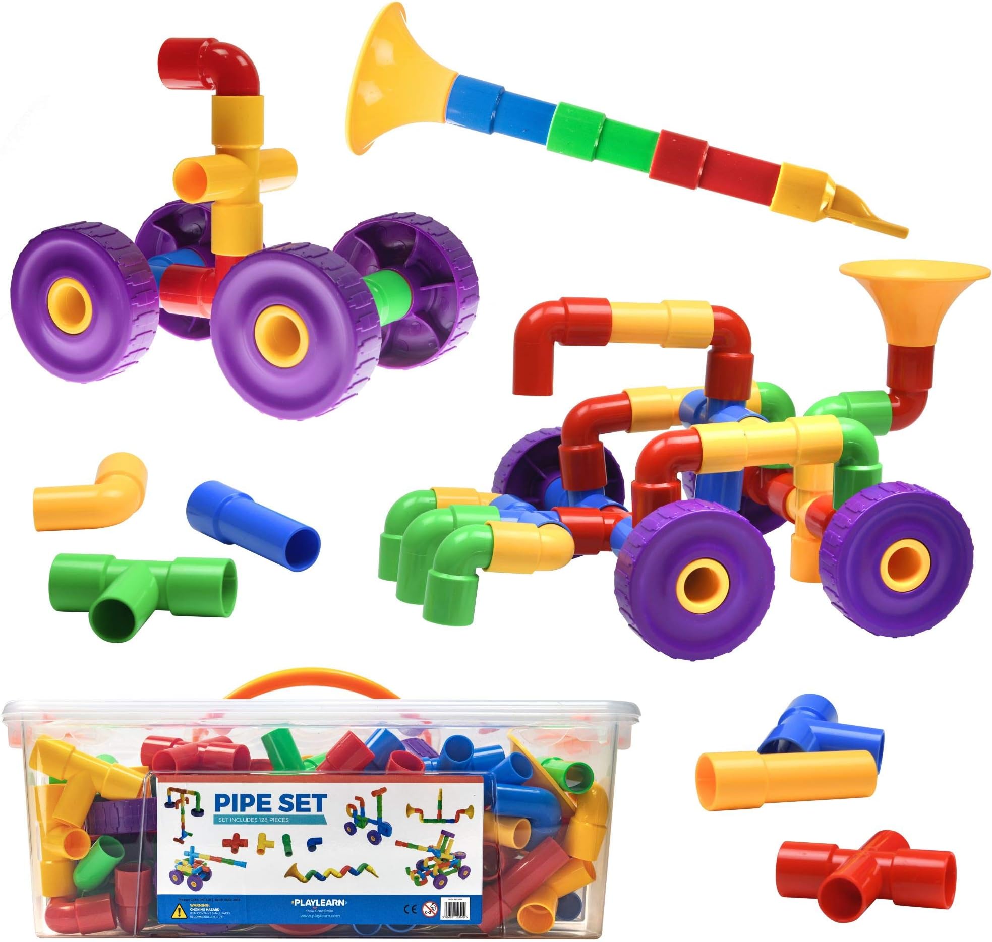 Playlearn Large Size Pipe Tube Blocks for Kids โ Fine Motor STEM Toy for All Ages โ 128 Pieces