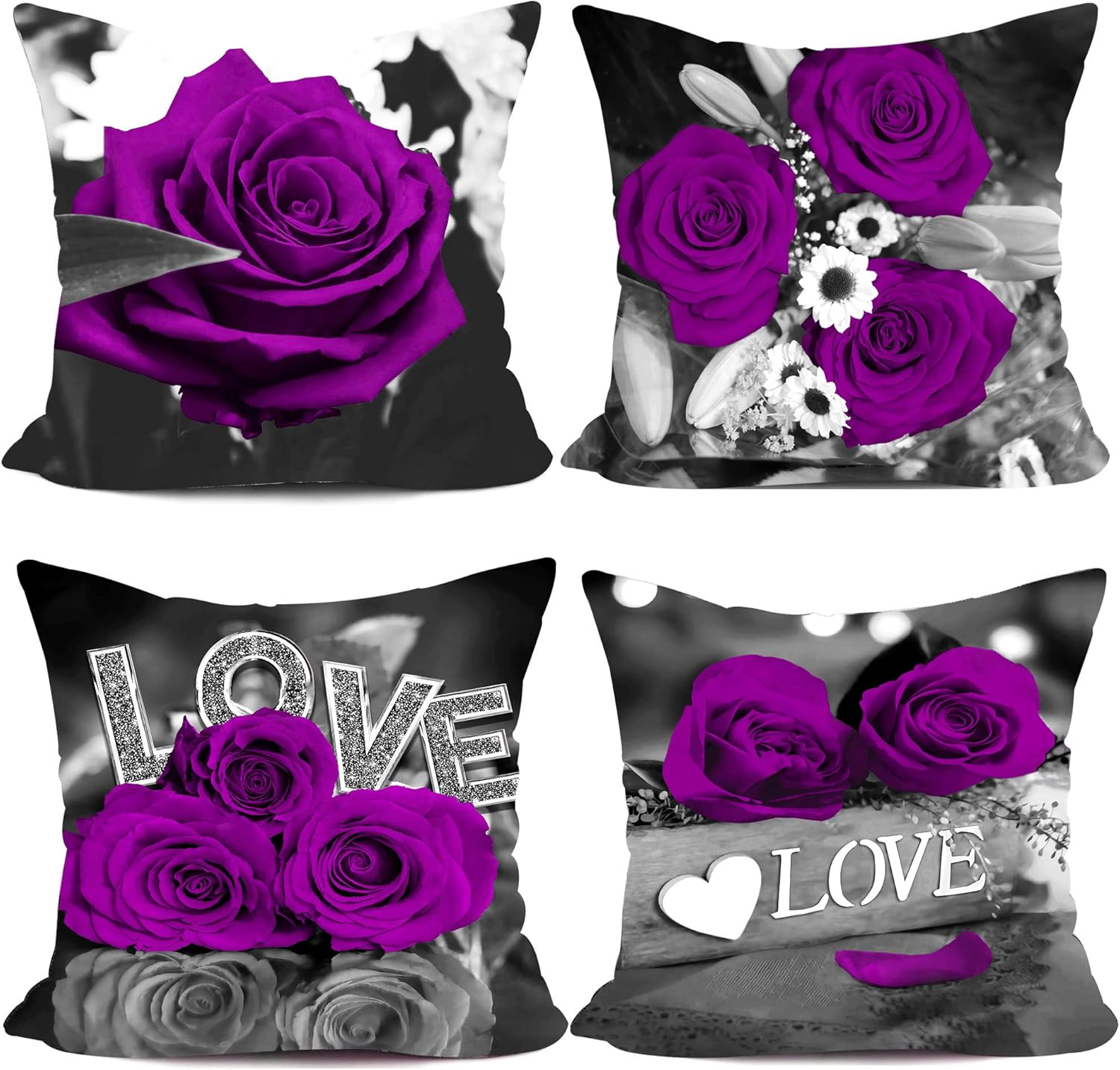Purple Flower Pillow Cover 18x18 Rose Decorative Throw for Couch, Bed, Living Room, Outdoor - Gray Floral Linen Spring Summer Cases