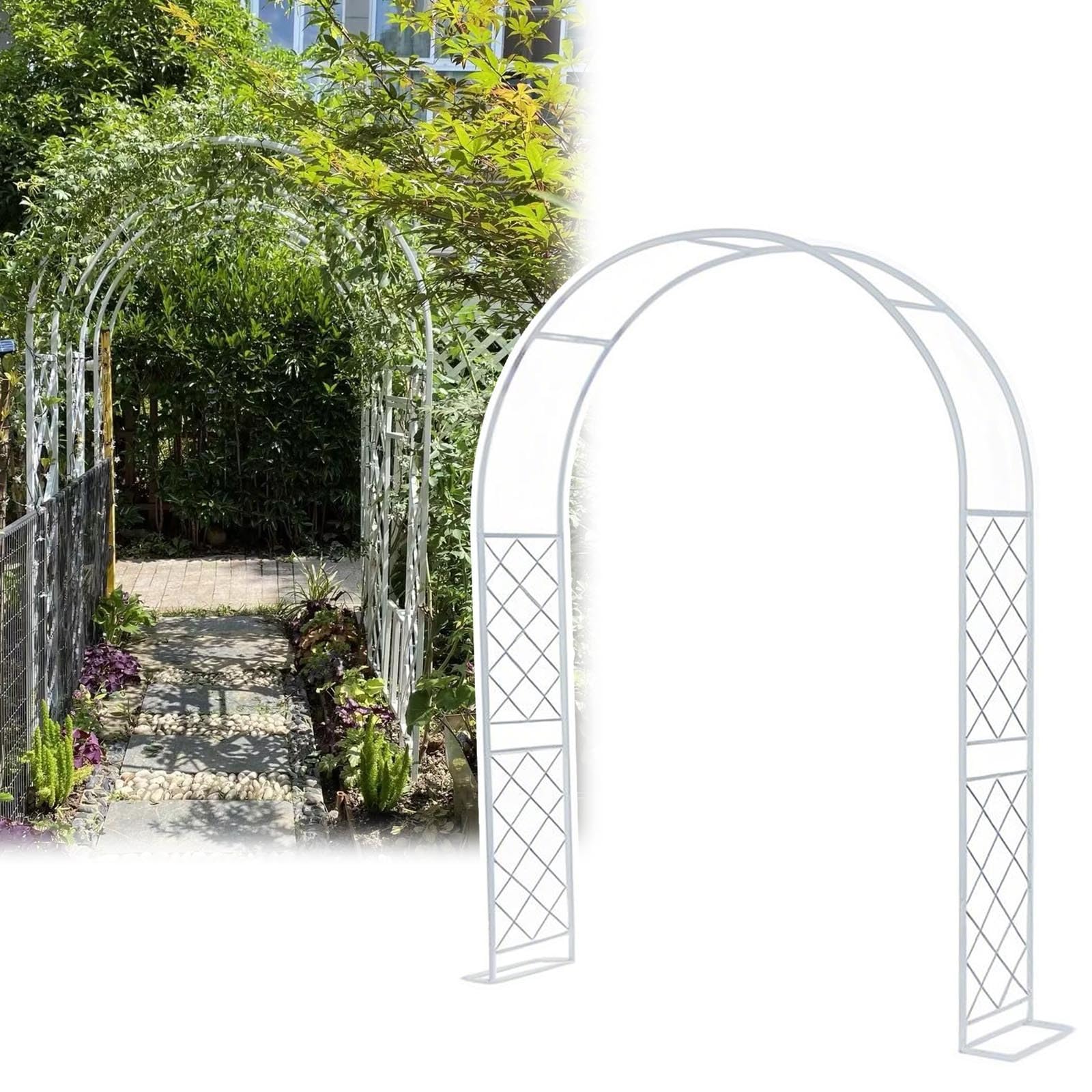 Stabiler Metall-Gartenlaube, 140 x 370 cm breit, schweres Rankgitter für Kletterpflanzen, wetterfest, für den Außenbereich, Hochzeit, Dekoration für Terrasse und Hinterhof, Weiß, 240 x 240 x 40 cm