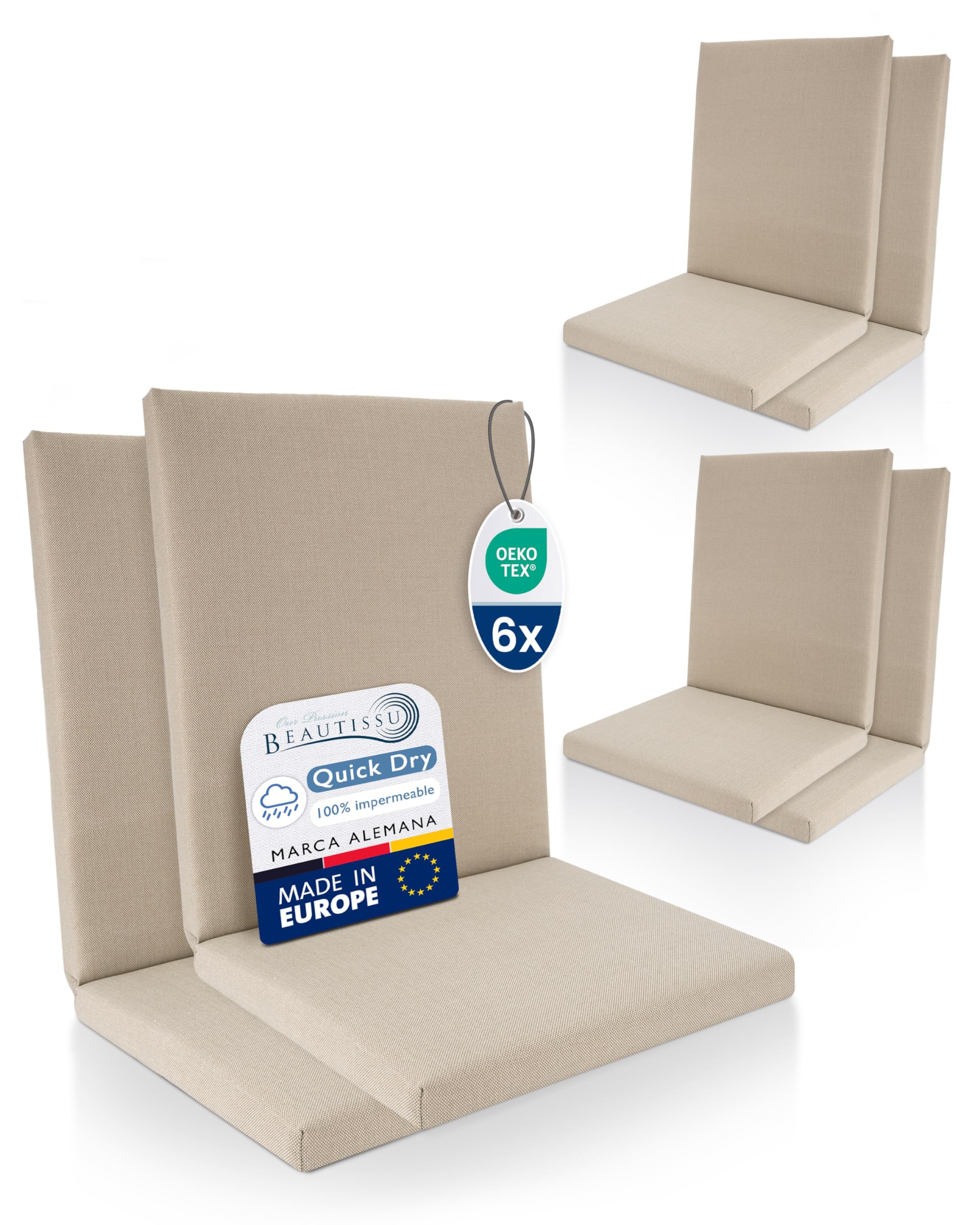 Beautissu Set de 6 Cojines Sillas Jardin con Respaldo Bajo Impermeable | 100x50cm beige 100% cómoda fácil cuidar exterior muebles acolchado secado rápido Premium Cojín Silla asiento terraza QD-NL