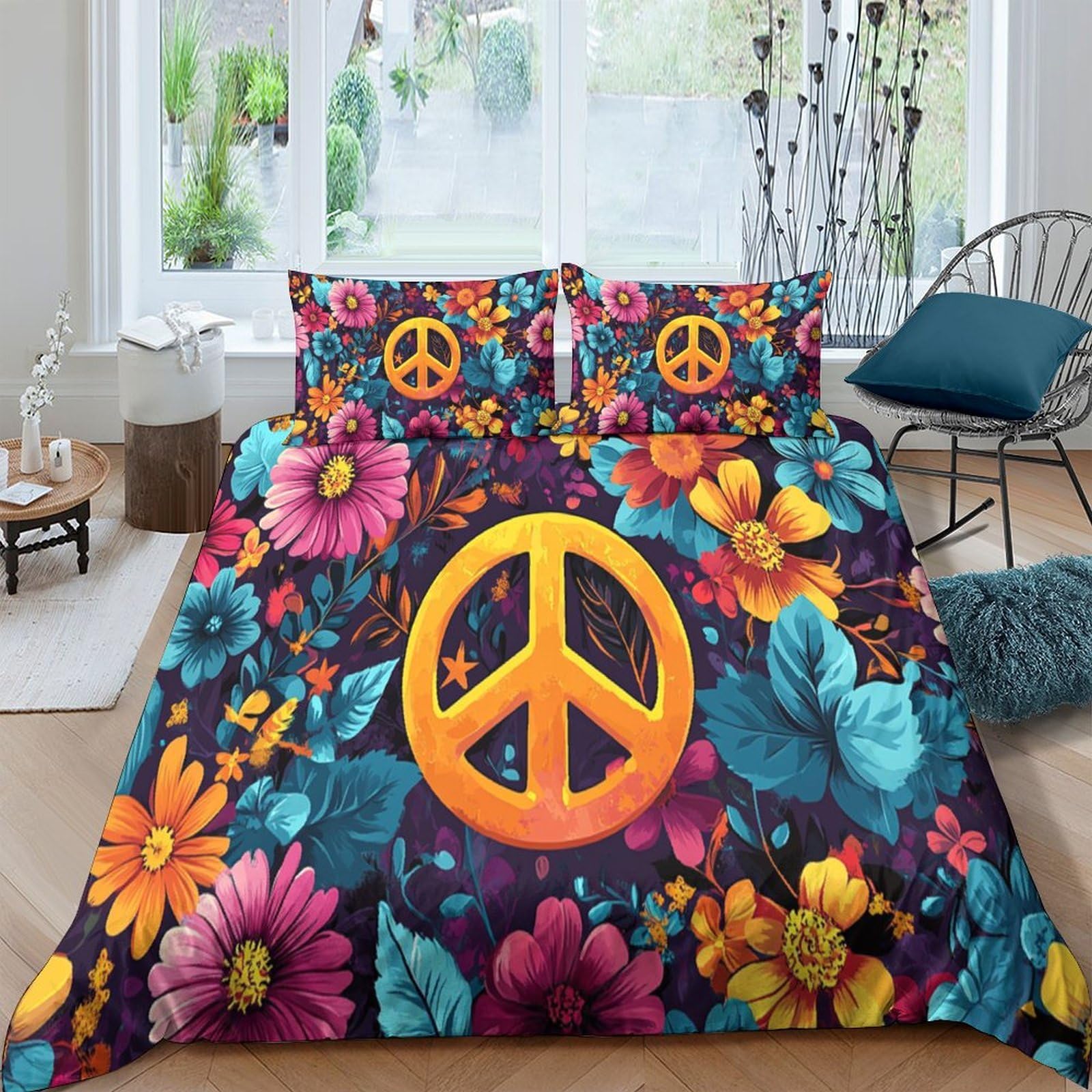 GPLZQXKJNH 3D Printed Peace Symbol Floral Duvet Cover Microfiber Soft Breathable Bedding Set with 2 Pillowcases for Bedroom Decor Single（135x200cm）