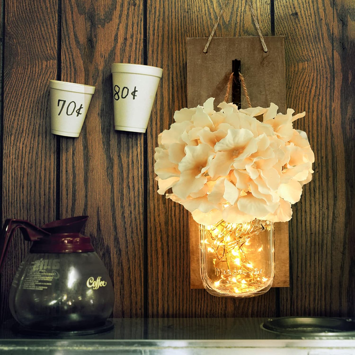 HABOM Rustic Mason Jar Wall Decor Sconces - Decorative Home Lighted Country House Hanging with LED Fairy Strip Lights and Flowers Hydrangea Farmhouse Sconce Jars (Set of 2)