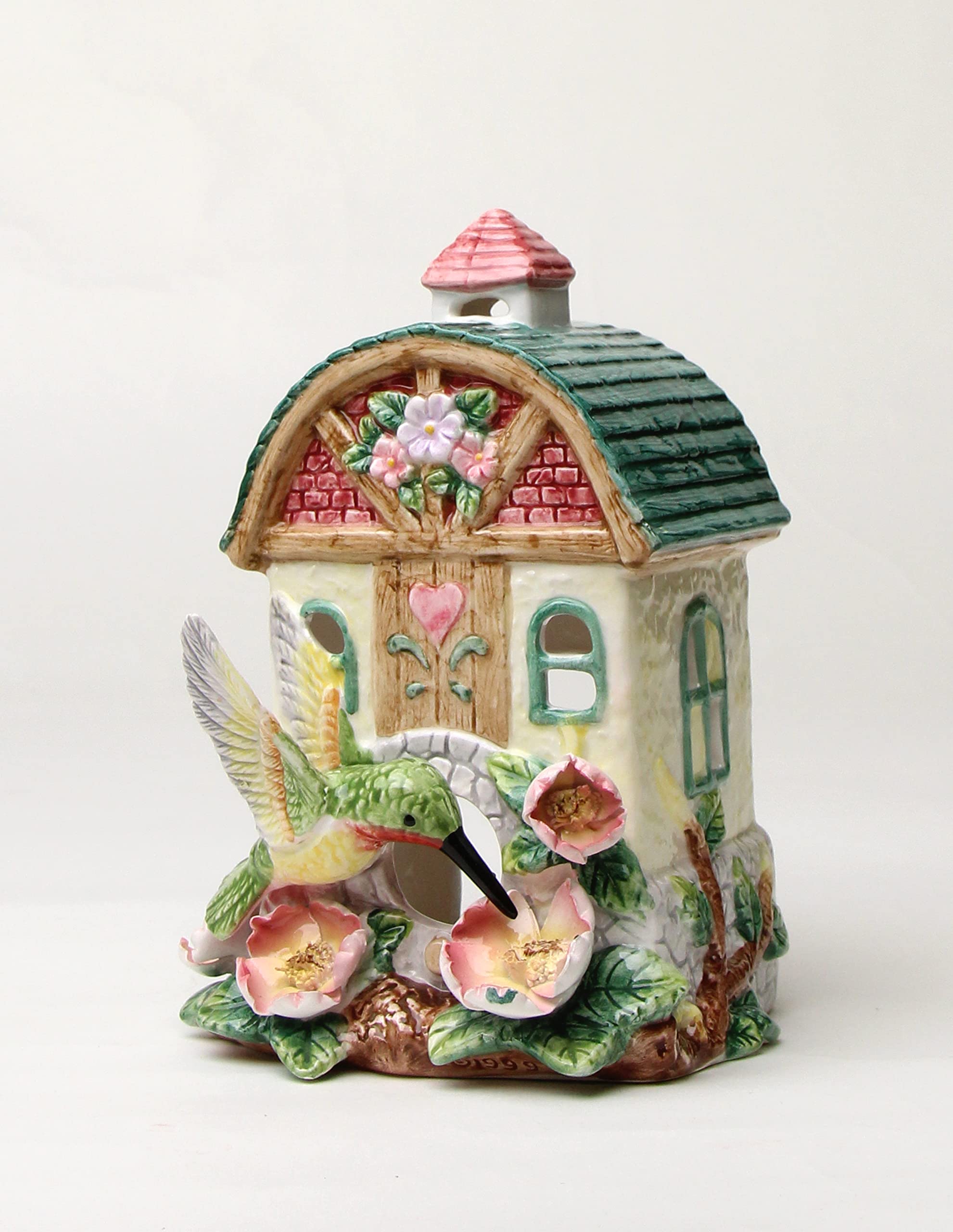 Fine Ceramic Hummingbird with Pink Wild Rose Birdhouse Tea Light Candle Holder Figurine, 6-1/8