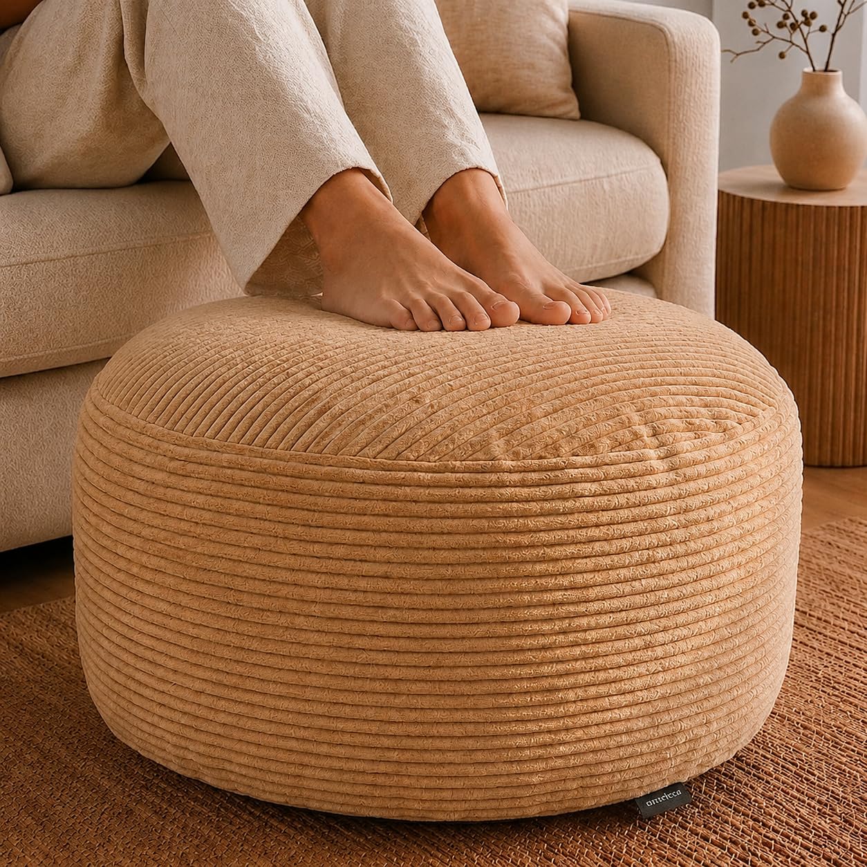 Stuffed Pouf Ottoman,Corduroy Foot Rest,Light Camel,28 Inch