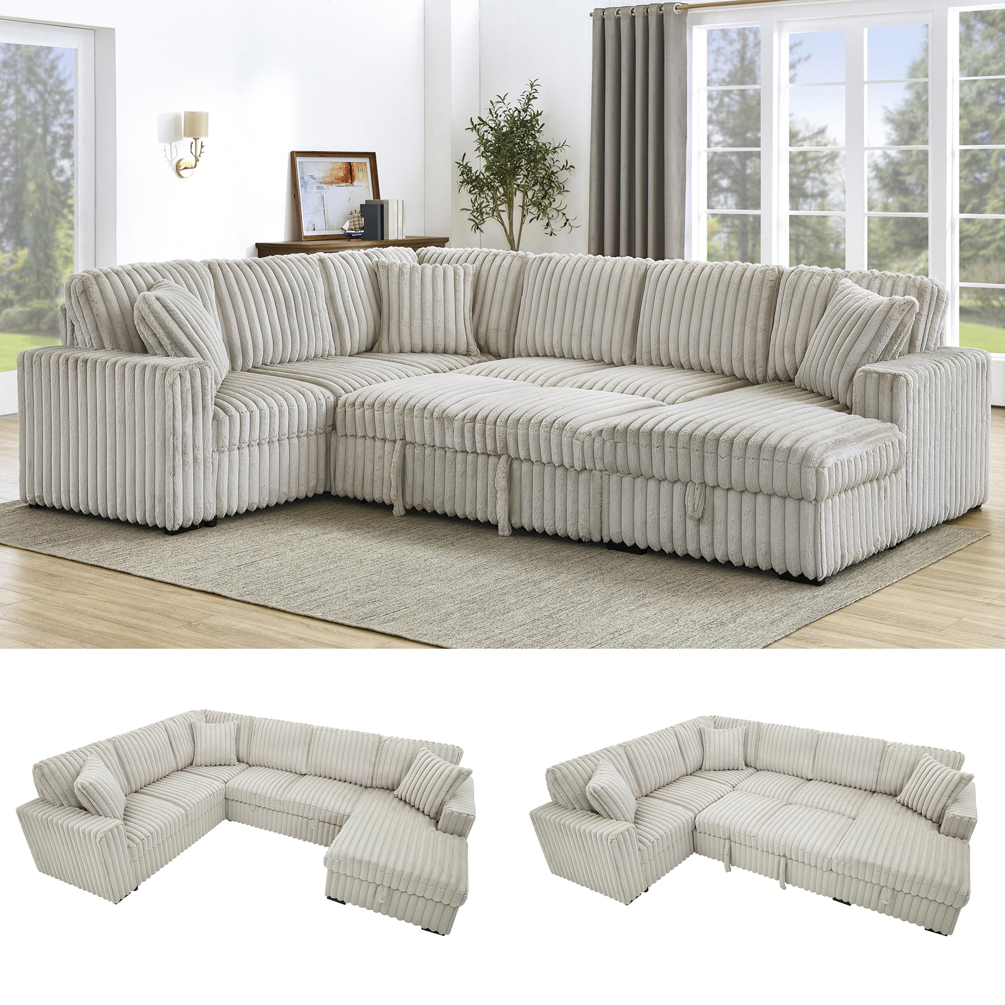 122 inch U-Shaped Faux Rabbit Fur Plush Sectional