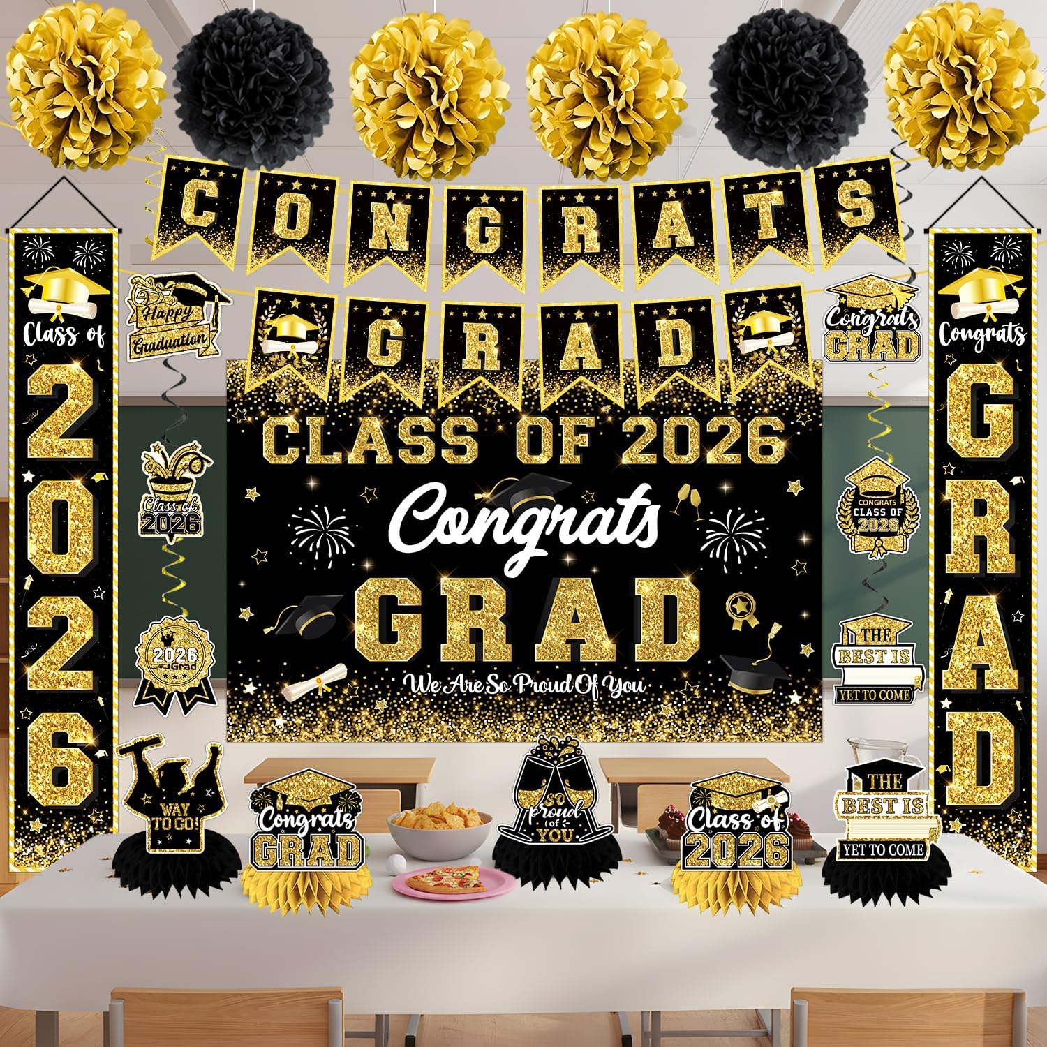 Black and Gold Graduation Decorations 2026 Congrats Grad Class of 2026 Banner, Backdrop, Hanging Swirls, Pom Poms and Honeycomb Centerpieces for High School College Graduation Party Decorations