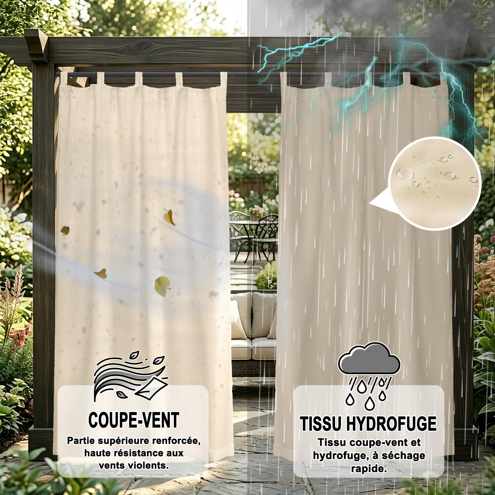 Rideau extérieur résistant, 1 pièce Rideau Anti-Soleil avec Anneaux de Suspension, Coupe-Vent et occultant pour Jardin, pavillon, pergola et terrasse - 100L × 140Hcm