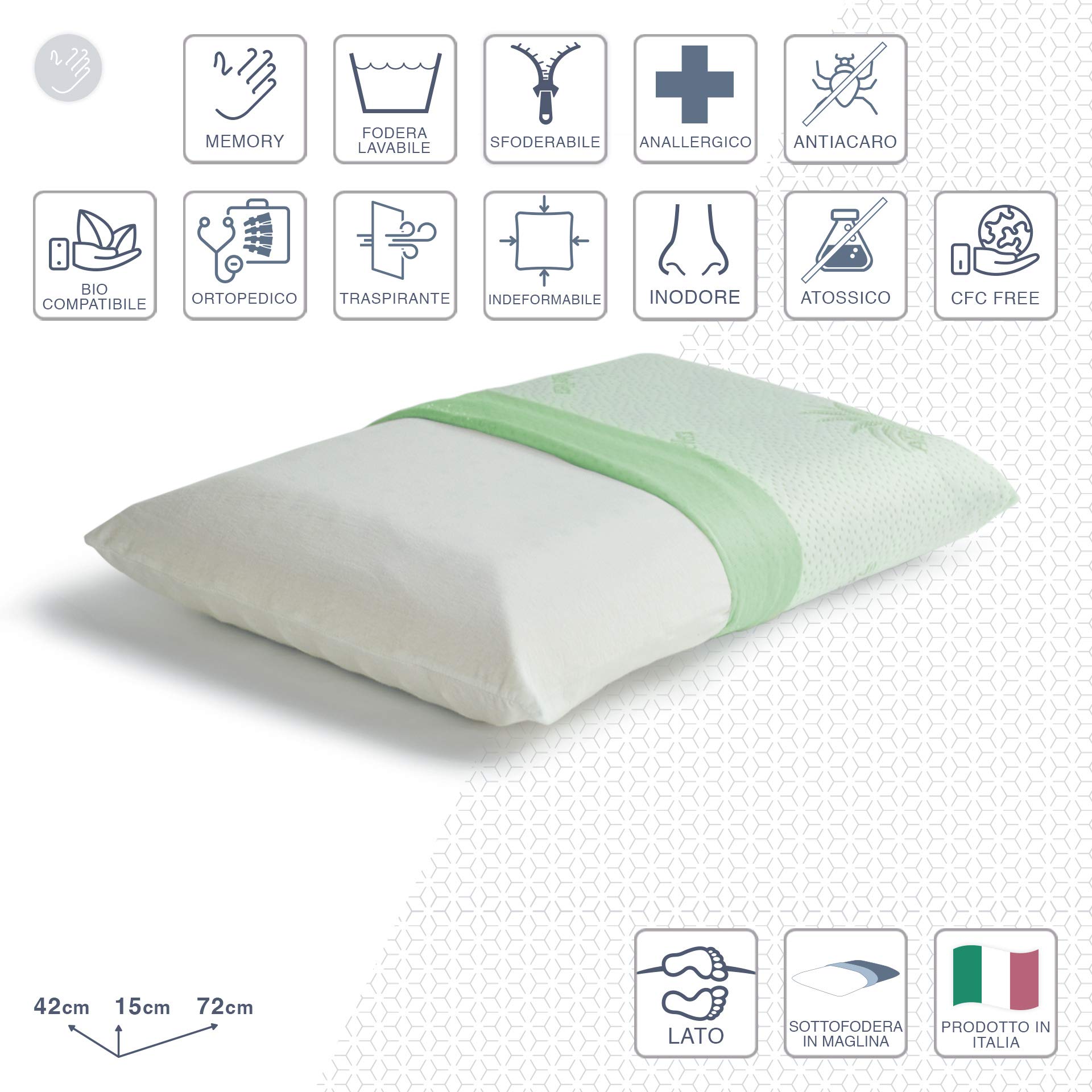 Cortassa - Almohada de espuma viscoelástica con revestimiento de aloe vera, almohada de apoyo suave, cojín para dolor cervical brazos, anatómico, hipoalergénico H15 individual
