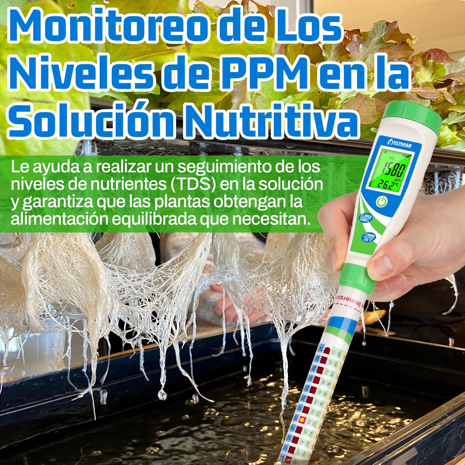 UIUZMAR Medidor de EC Agua Hidroponia, Medidor de Conductividad PPM CF | Medidor de Agua TDS 5 en 1, Conductimetro Portatil (EC, PPM 500, PPM 700, CF, Temp) con Porra para Hidroponía, Acuario