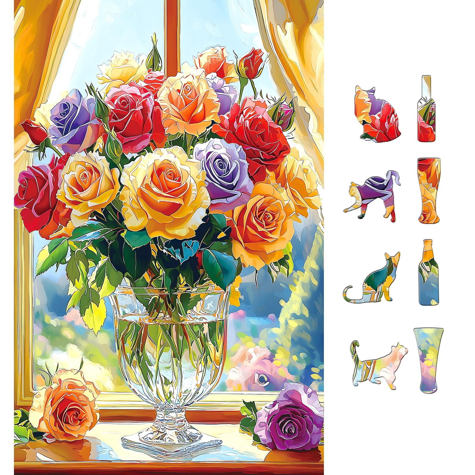 MINIWAN 500-Piece Jigsaw Puzzle for Adults - Colorful Roses in Glass Vase, 23x15 Inch Challenging Puzzle, Floral Puzzle for Adults &amp; Teens, Premium Thick Cardboard Pieces with Reference Poster
