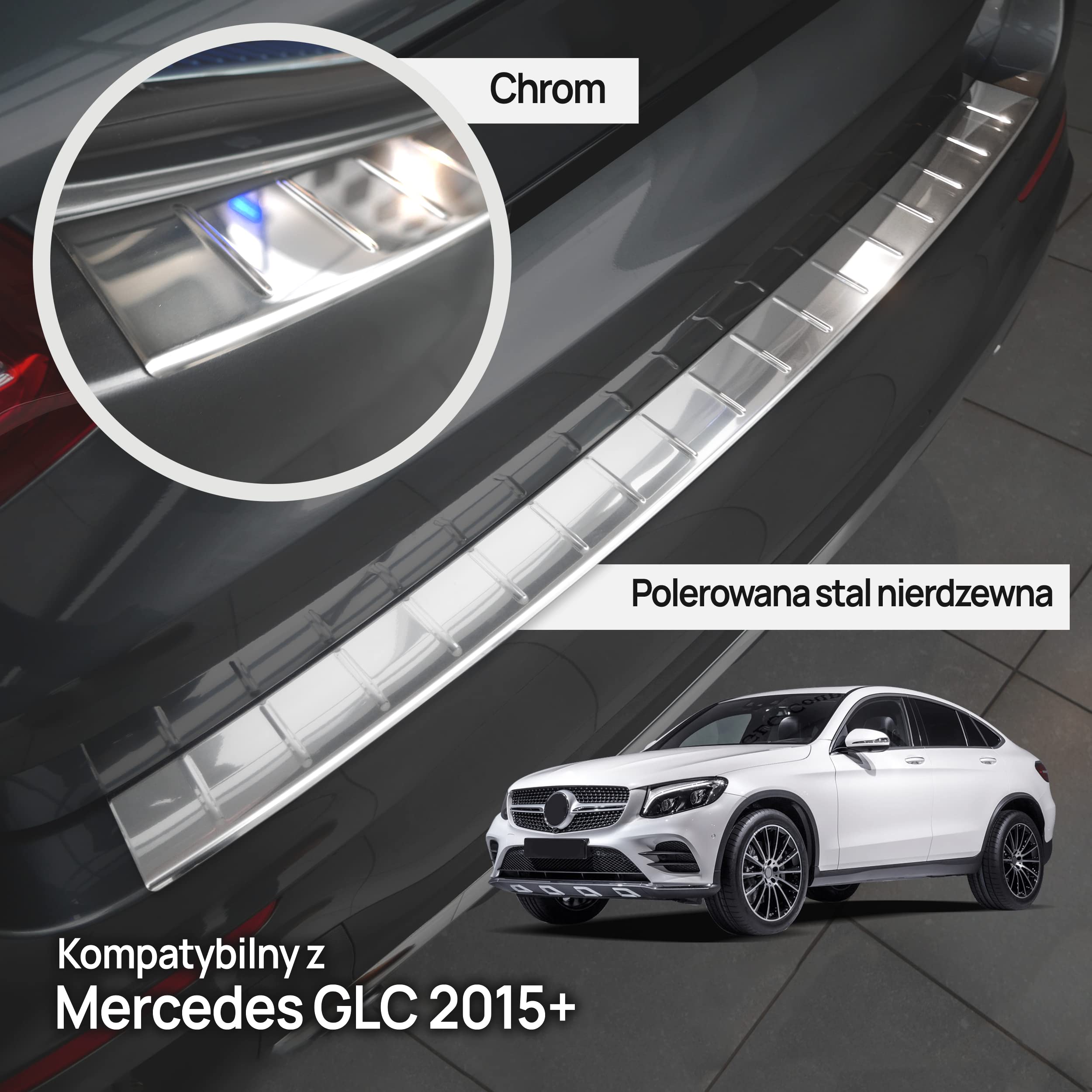 CHROMEMASTER | Listwa Ochronna Tylnego Zderzaka | Pasuje do Mercedes GLC, rocznik 2015-2022 | Stal Nierdzewna Polerowana/Chrom; Listwa Chroni Lakier Tylnego Zderzaka przed Zarysowaniem i Uszkodzeniem