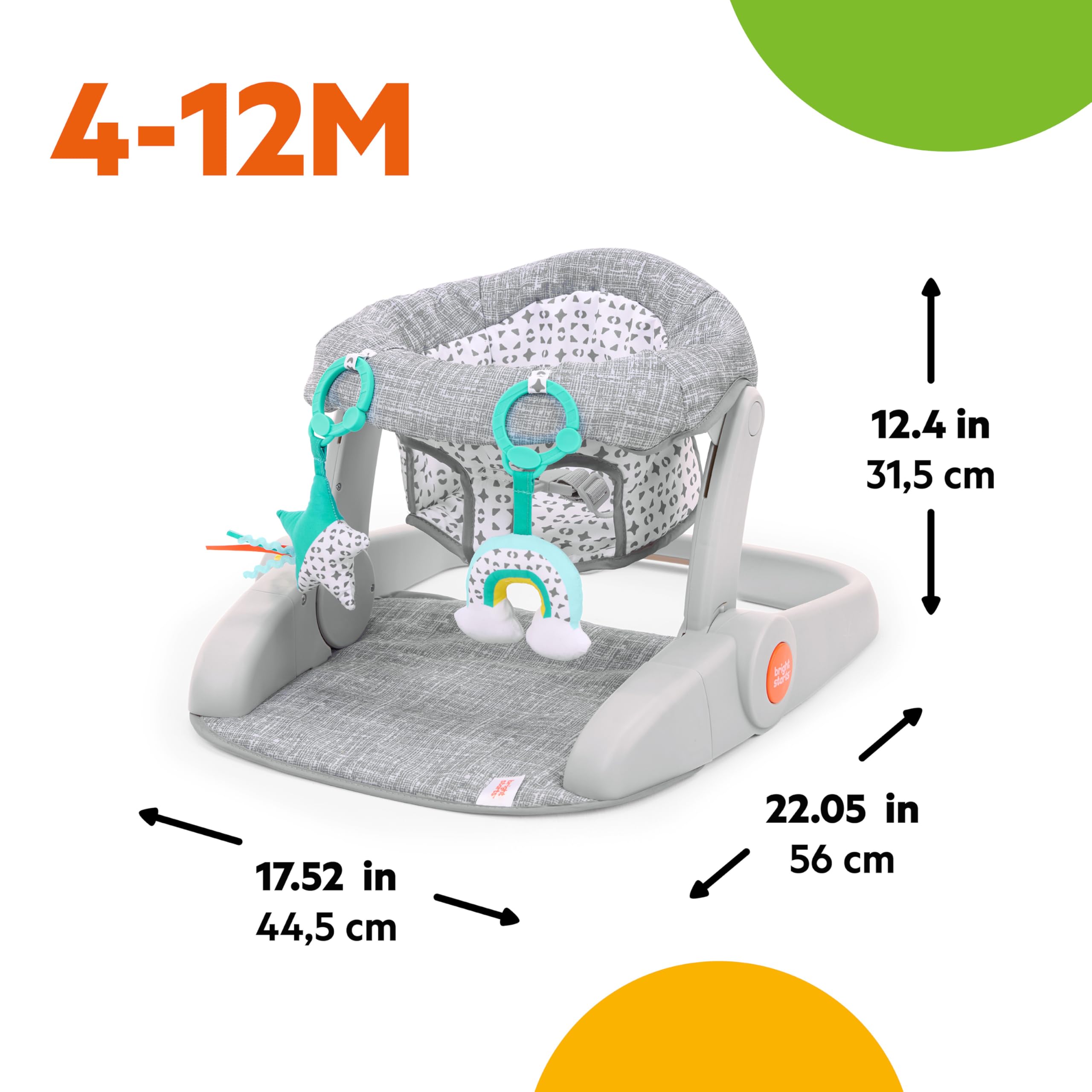 Bright Starts Learn-to-Sit 2-pozycyjny fotelik dziecięcy, 2-pozycyjny, przenośny fotel podłogowy z zabawkami sensorycznymi, uniseks, 4-12 miesięcy, szary