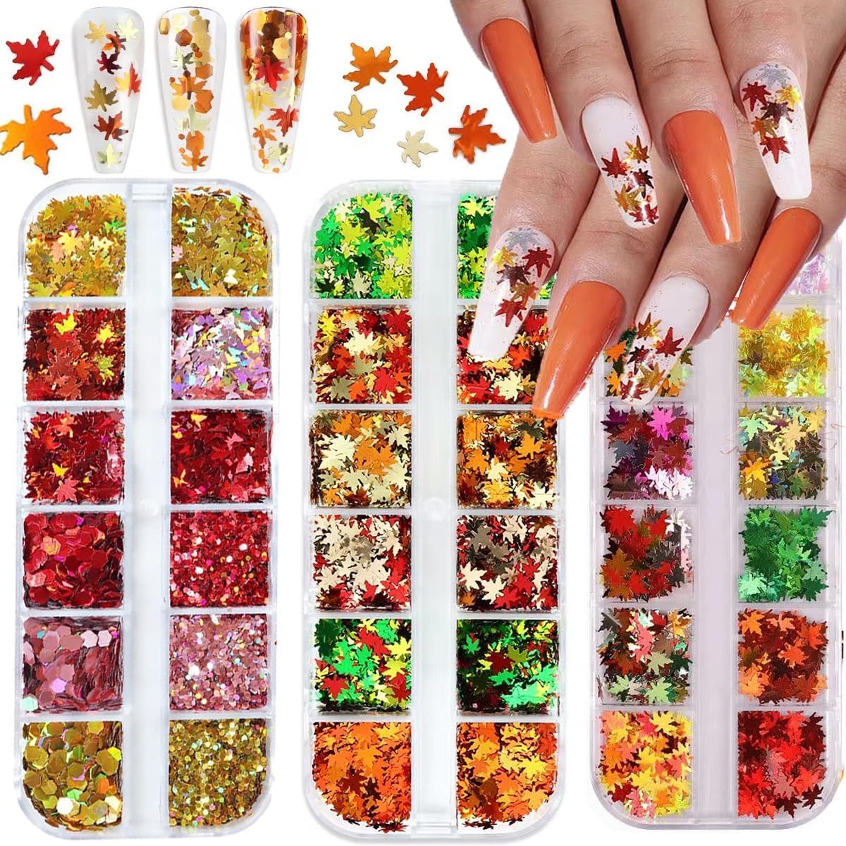 Fall Leaf Glitter Nail Sequins,3 Boxes Holographic Maple Leaf Nail Art Flakes Orange Red Gold Autumn Glitter Sticker Decals Manicure DIY Thanksgiving