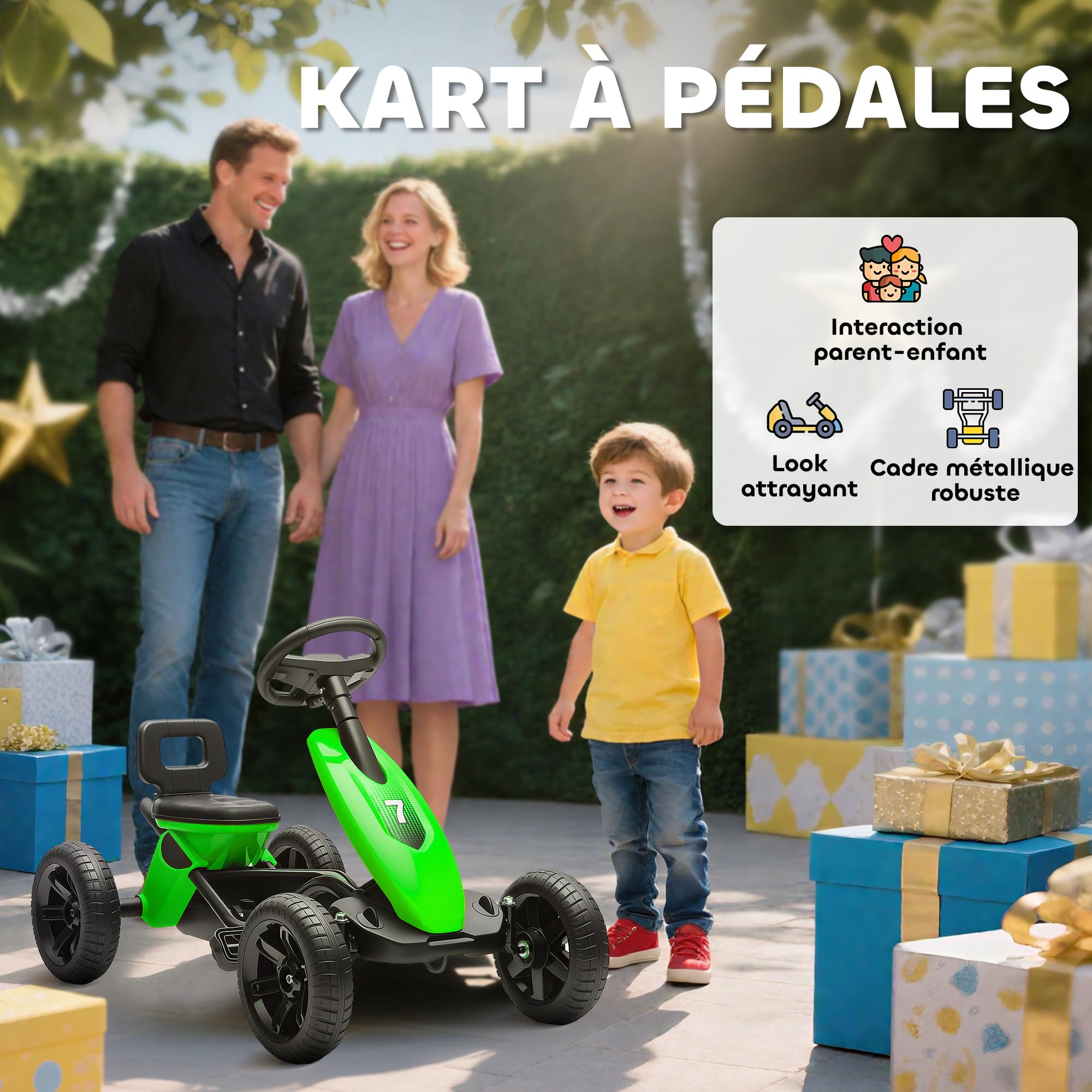 AIYAPLAY Kart a pedales para niños, go-Kart para niños con ruedas de EVA silenciosas, avanzar y retroceder, coche a pedales para niños de 2 a 5 años, color verde