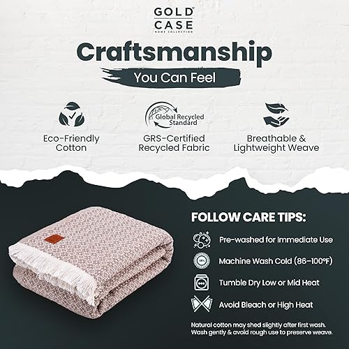 Miniatura 3 de Gold Case - Manta para cama, 100 % algodón turco reciclado, manta retro, ligera, suave, para cama y sala de estar, manta acogedora tamaño