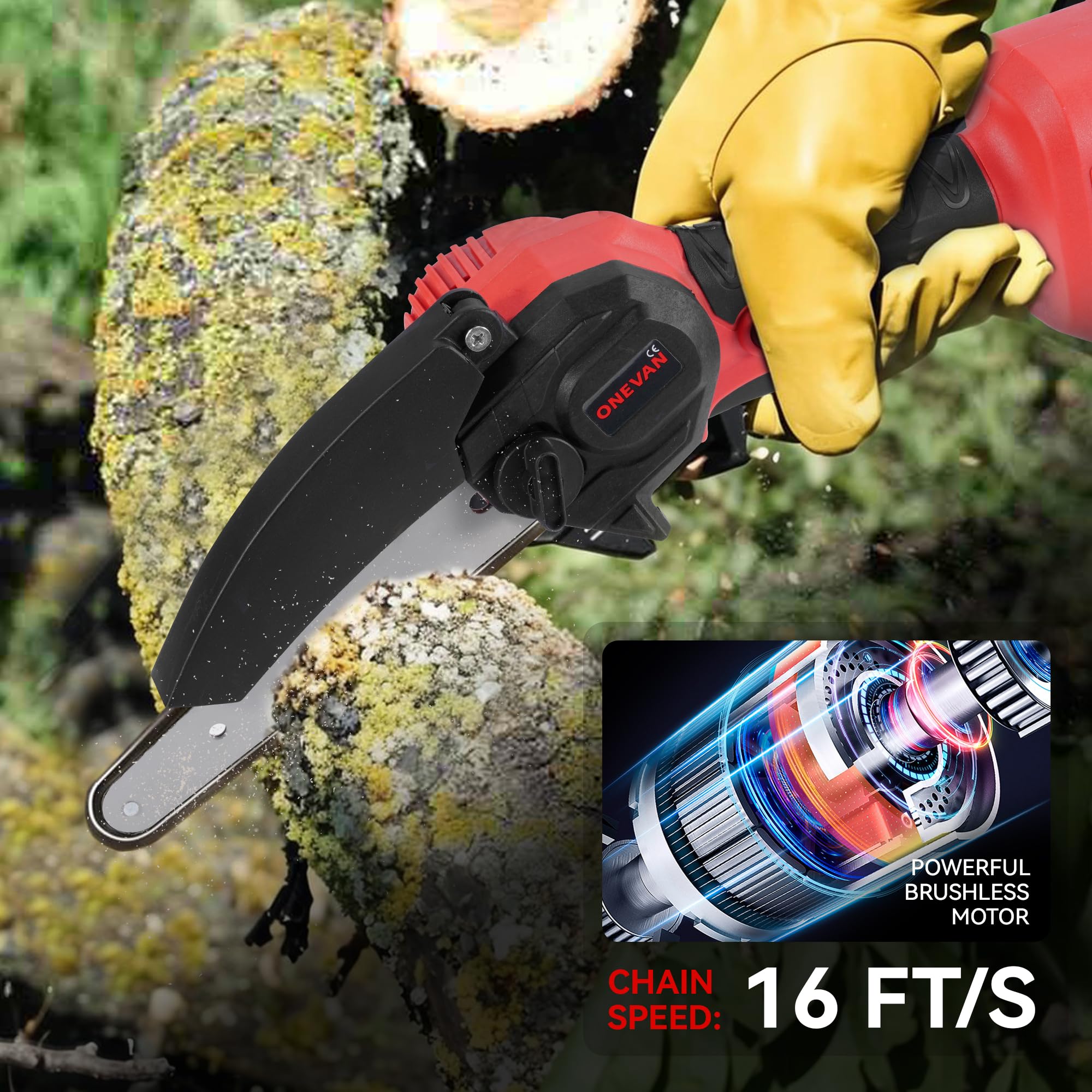 ONEVAN Akku Hochentaster und Astschere mit Teleskopstiel, 4-in-1, Bürstenlos 6 Zoll Akku Kettensäge + 25mm Akku Baumschere + 200mm Teleskopstange, 180° Einstellbarer Winkel, mit 2 4.0Ah Akkus