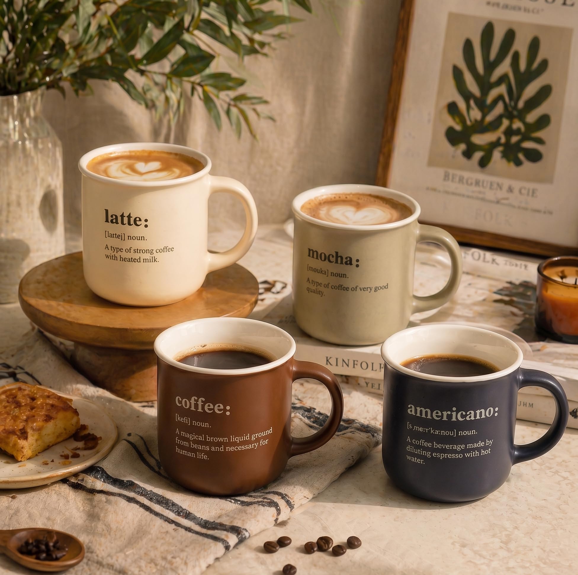 AmberHaus 380 cc Porselen Kupa Bardak, Kahve Sözlüğü Tasarımlı Minimalist Kahve Fincanı (Latte, Mocha, Coffee veya Americano - Stok Durumuna Göre 1 Adet Gönderilir)