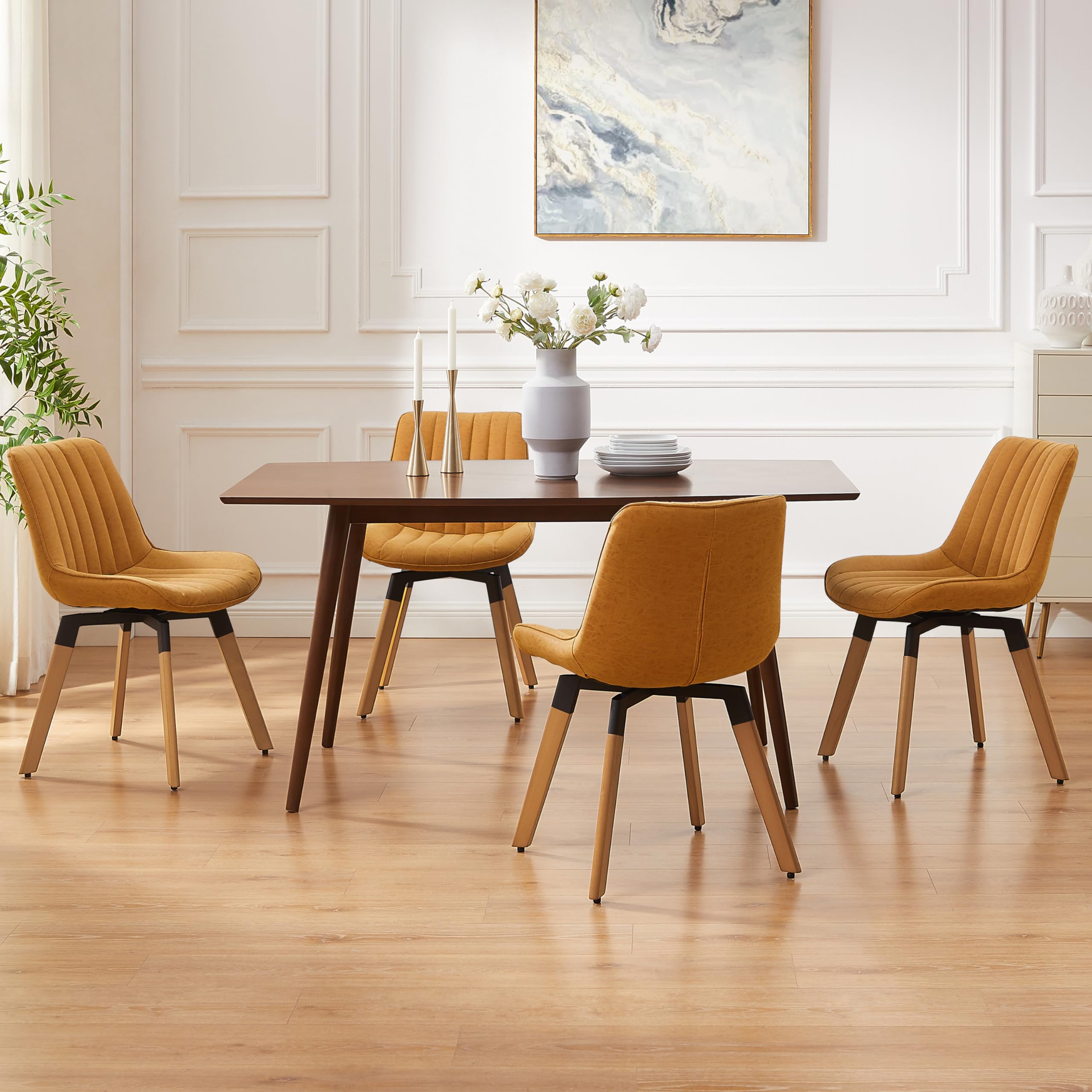 Art Leon Dining Chairs Set of 4, Mid Century Modern Swivel Kitchen Dining Room Chairs, Upholstered Faux Leather Armless Side Chairs with Wood Legs for
