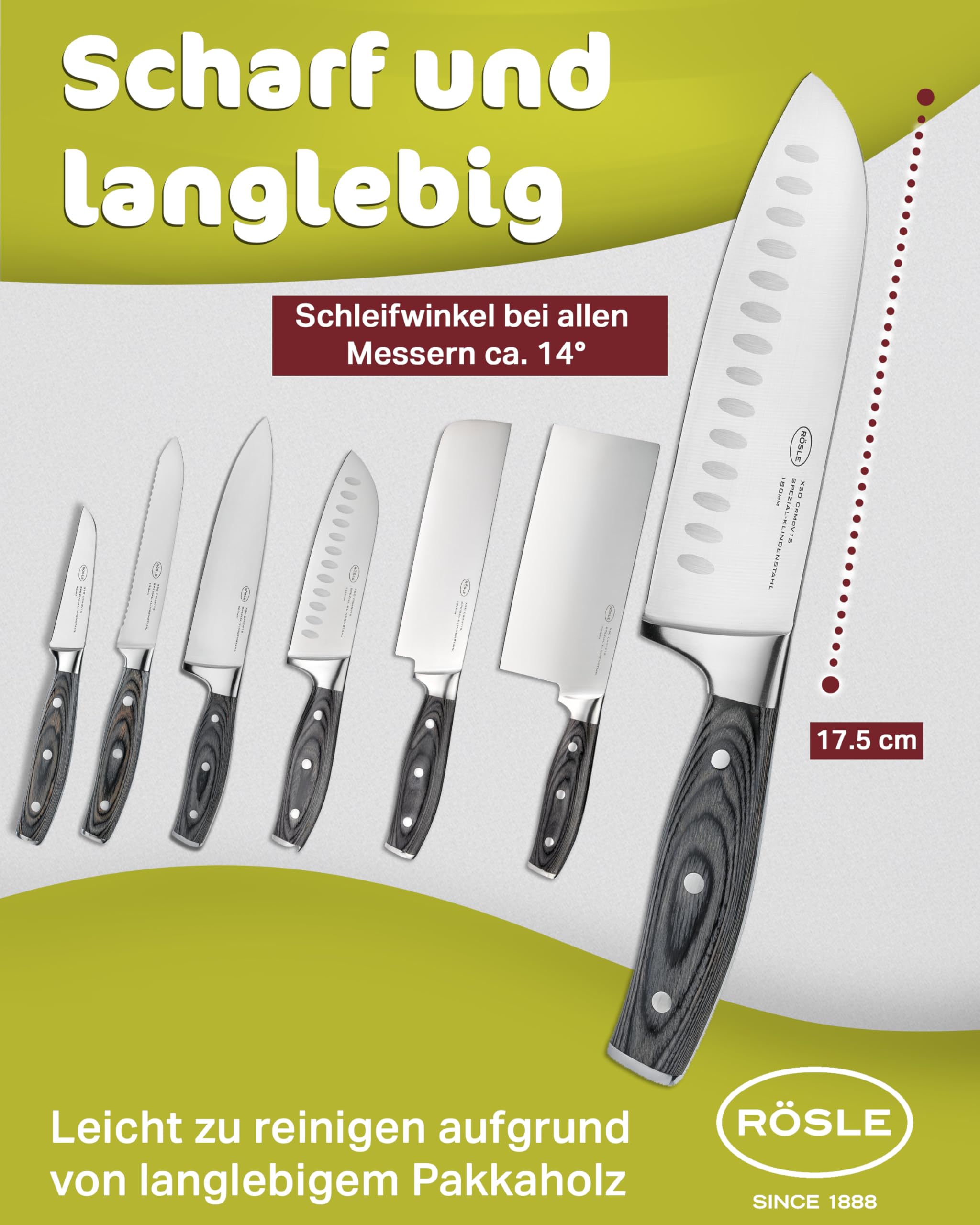 RÖSLE Santokumesser WOLFGREY 17,5 cm – Scharfes Küchenmesser & Kochmesser mit Kullenschliff – Santoku Messer, perfekt für Feines Schneiden, Würfeln und Hacken mit Leichtigkeit